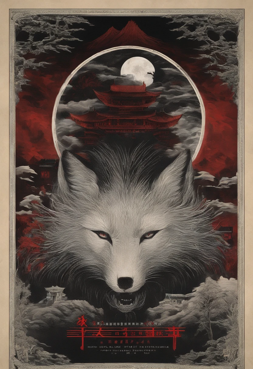 Chinese movie poster,red tint,A huge moon illuminates the entire village,The village is full of snowflakes,The white fox demon with 9 tails spits out a night pearl,Towards the moon,In the lower right corner, There is a house,There are a few faces peeking at the house,kitsune three - tailed fox, three - tailed fox, White-haired fox, ethereal fox, white fox anime, Nine tails, fantasy fox love, Kitsune, White fox