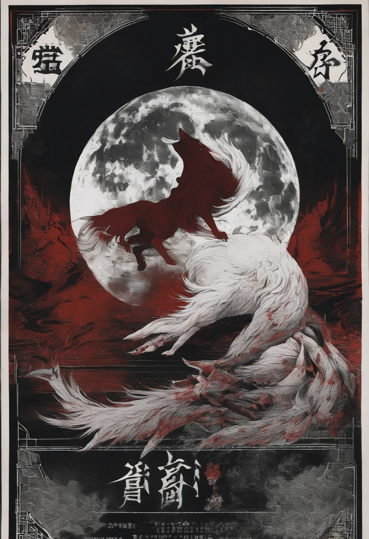 Chinese movie poster,red tint,A huge moon illuminates the entire village,The village is full of snowflakes,The white fox demon with 9 tails spits out a night pearl,Towards the moon,In the lower right corner, There is a house,There are a few faces peeking at the house,kitsune three - tailed fox, three - tailed fox, White-haired fox, ethereal fox, white fox anime, Nine tails, fantasy fox love, Kitsune, White fox