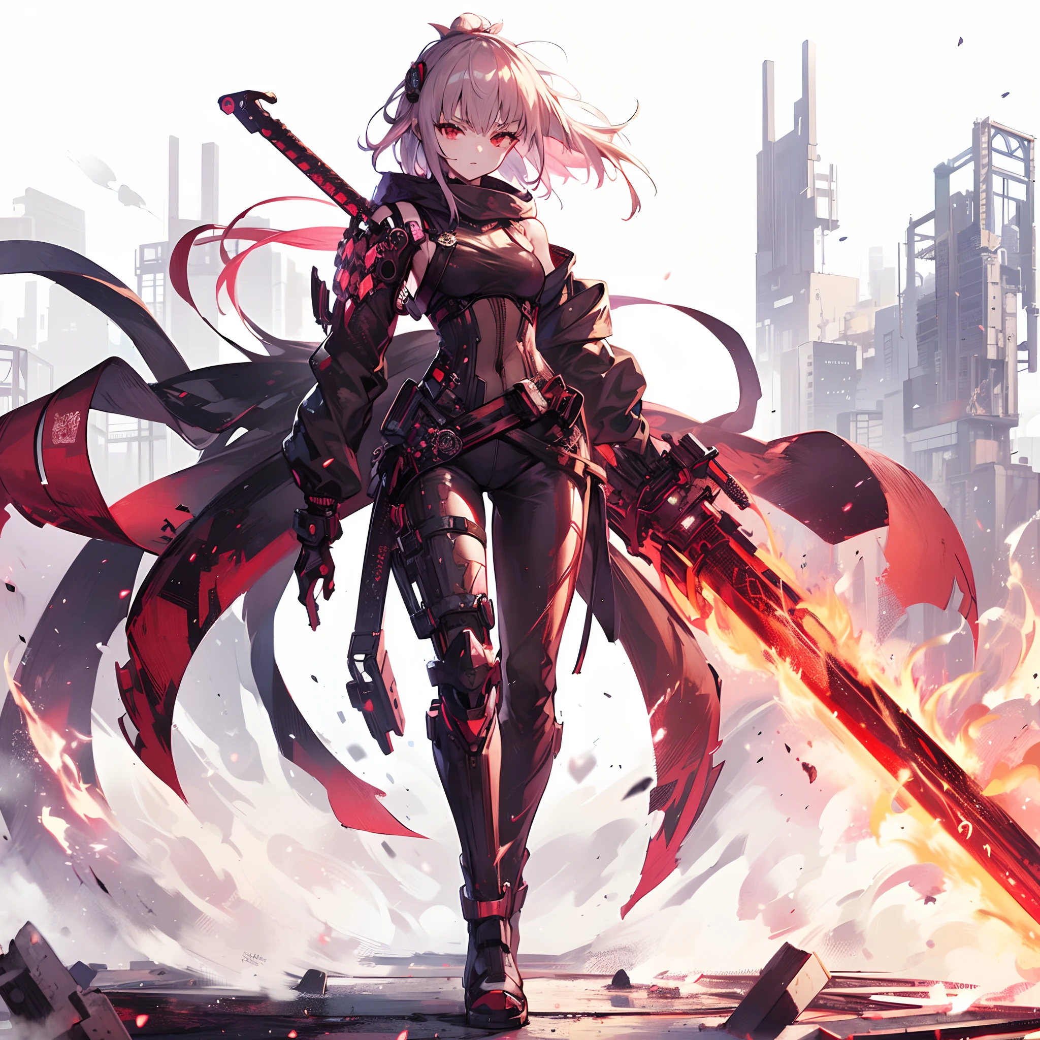 (masutepiece, Best Quality), (Perfect athlete body:1.2), (detailed hairs), Ultra-detailed, Anime style, Full body, Cyberpunk Ninja Girl, Japan Hairstyles, Red Eyes, Wield a giant flaming sword, Standing in the wasteland, Wear high-tech boots, 8K High Resolution, trend artstation, White background, Standing in the wasteland, Whole body,