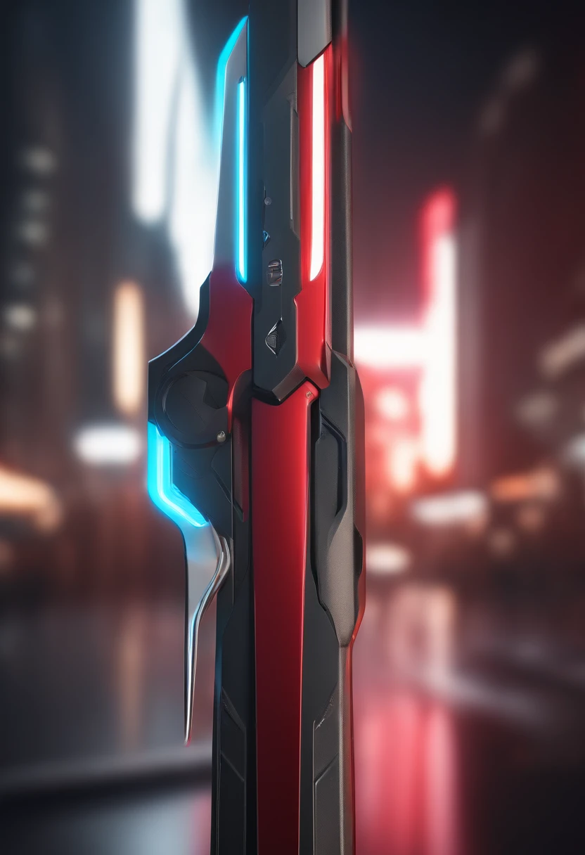 (highres,realistic,photorealistic:1.37),(best quality,4k,8k,highres,masterpiece:1.2),ultra-detailed,futuristic,red neon sword,isolated from background,sharp focus,studio lighting,vivid colors,physically-based rendering,detailed handle design,glowing blade,reflection on the blade,smooth and sleek design,streaks of light,high contrast,light trails,technological feel,energetic atmosphere,innovative and cutting-edge,sci-fi inspired,futuristic city lights in the background