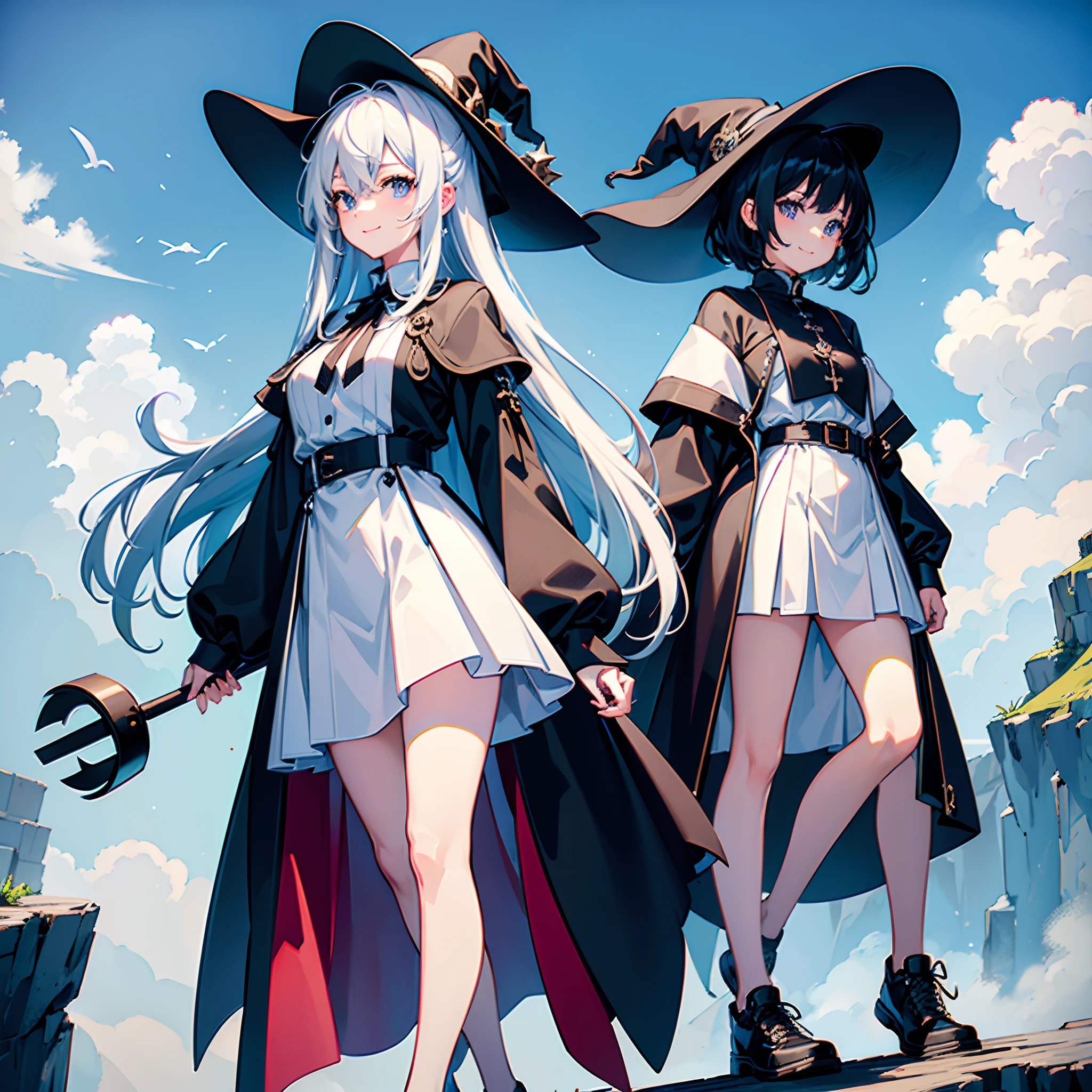 A mystical otherworldly half-timber town、Standing Girl、Black coat、white t-shirt、a black skirt、beautiful thigh、Beautiful feet、Light blue-purple short hair、Looking at me with a smile、Black sneakers with white shoelaces、Large witch hat with sapphire accessories、Dark brown eyes with highlights、On a hilltop with a panoramic view of the town、Historic big castle、hiquality、high-level image quality、