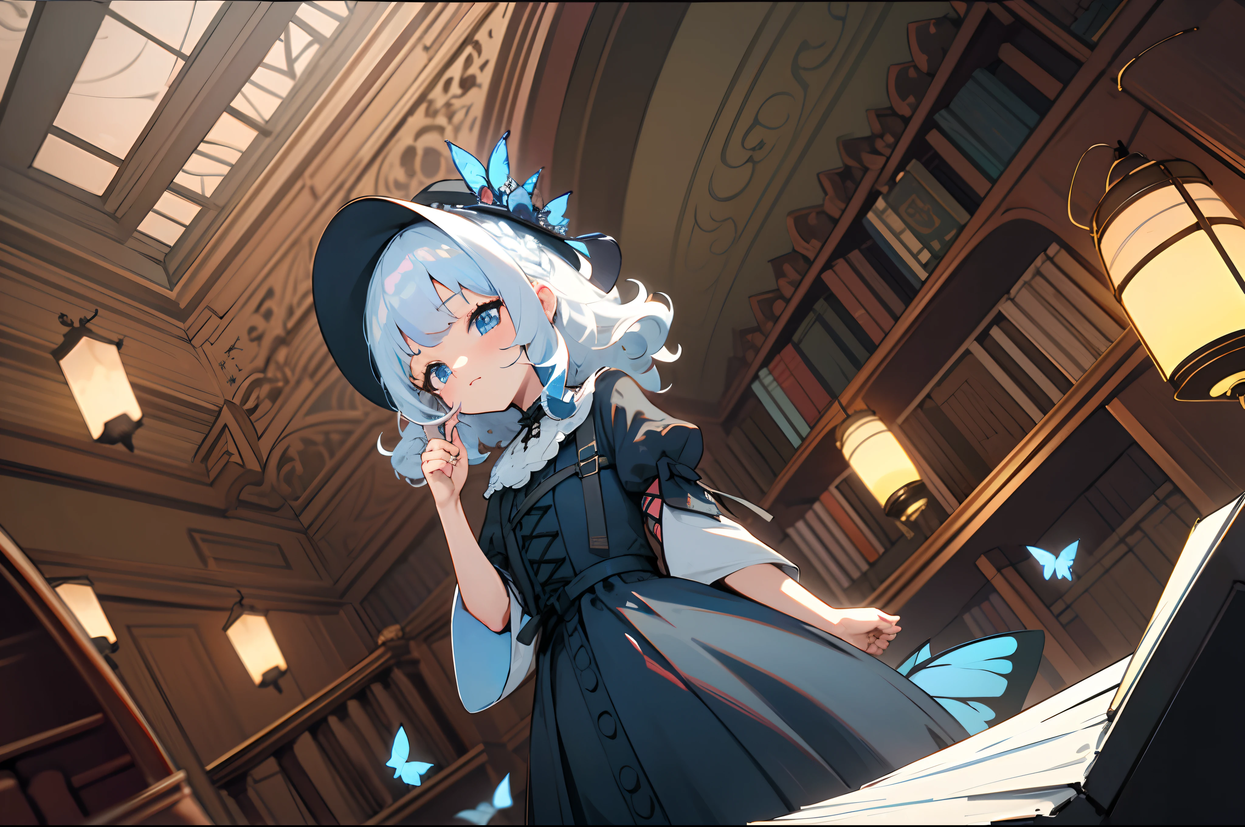 Blue-white hair,black color dress,Gothic,Black wide-brimmed hat,bookshelves,butterflys,Lanterns,loft,Wallpapers,curlies,bit girl