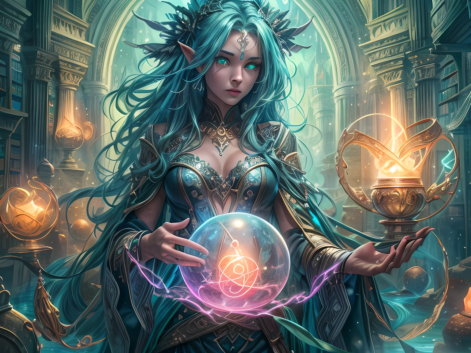 high details, best quality, 8k, [ultra detailed], masterpiece, best quality, (extremely detailed), full body, ultra wide shot, photorealistic, fantasy art, dnd art, rpg art, realistic art, an ultra wide picture of a female human (1.5 intricate details, Masterpiece, best quality) godess of water  ((watery radiant aura)), controlling a swirling streams of watery magic (1.5 intricate details, Masterpiece, best quality), manipulating purple radiant magical symbols, [[divine symbols]] (1.5 intricate details, Masterpiece, best quality), human female, blue  hair, long hair with aura, hair with green radiant eyes, intense eyes, holding a staff, ((radiant eyes)), (( green glowing eyes)), dynamic clothing, magical library, with many books, and magical runes and wards, glowing arcane sigils GlowingRunes_paleblue, crystal ball (best details, Masterpiece, best quality) on table, runes on crystal balls GlowingRunes_yellow, fantasy magical library background (best details, Masterpiece, best quality), Ultra-Wide Angle, high detail, award winning, best quality, HD, 16K, 3D rendering, high details, best quality, highres, ultra wide angle, 3D rendering, [[anatomically correct]]