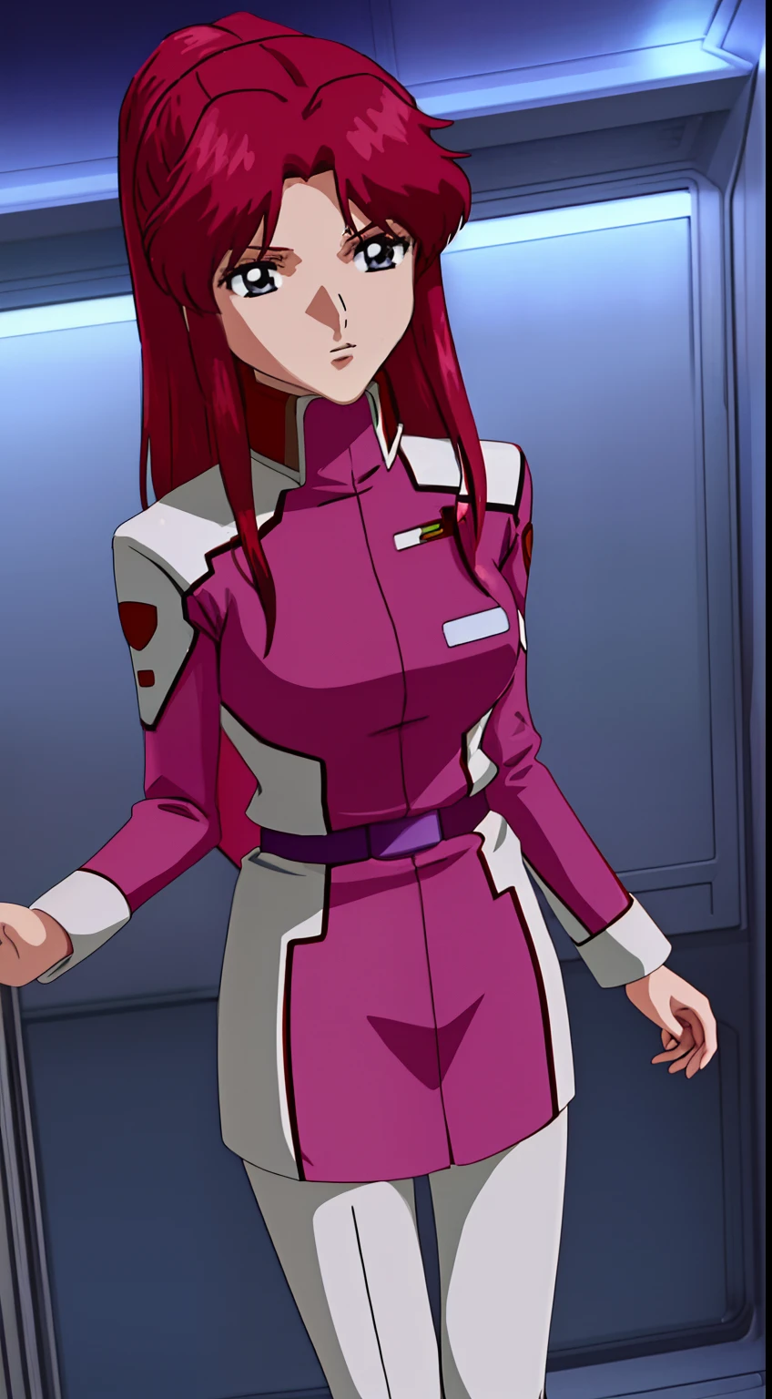 Woman in red uniform standing in a room, asuka suit under clothes!, Frey Ulster、Misato Katsuragi, portrait anime space cadet girl, Modern sci-fi anime, full body zenkai! asuka suit, wearing a red captain's uniform, a female anime character, Sci-Fi Anime, Asuka, anime girl of the future, Seductive Anime Girl