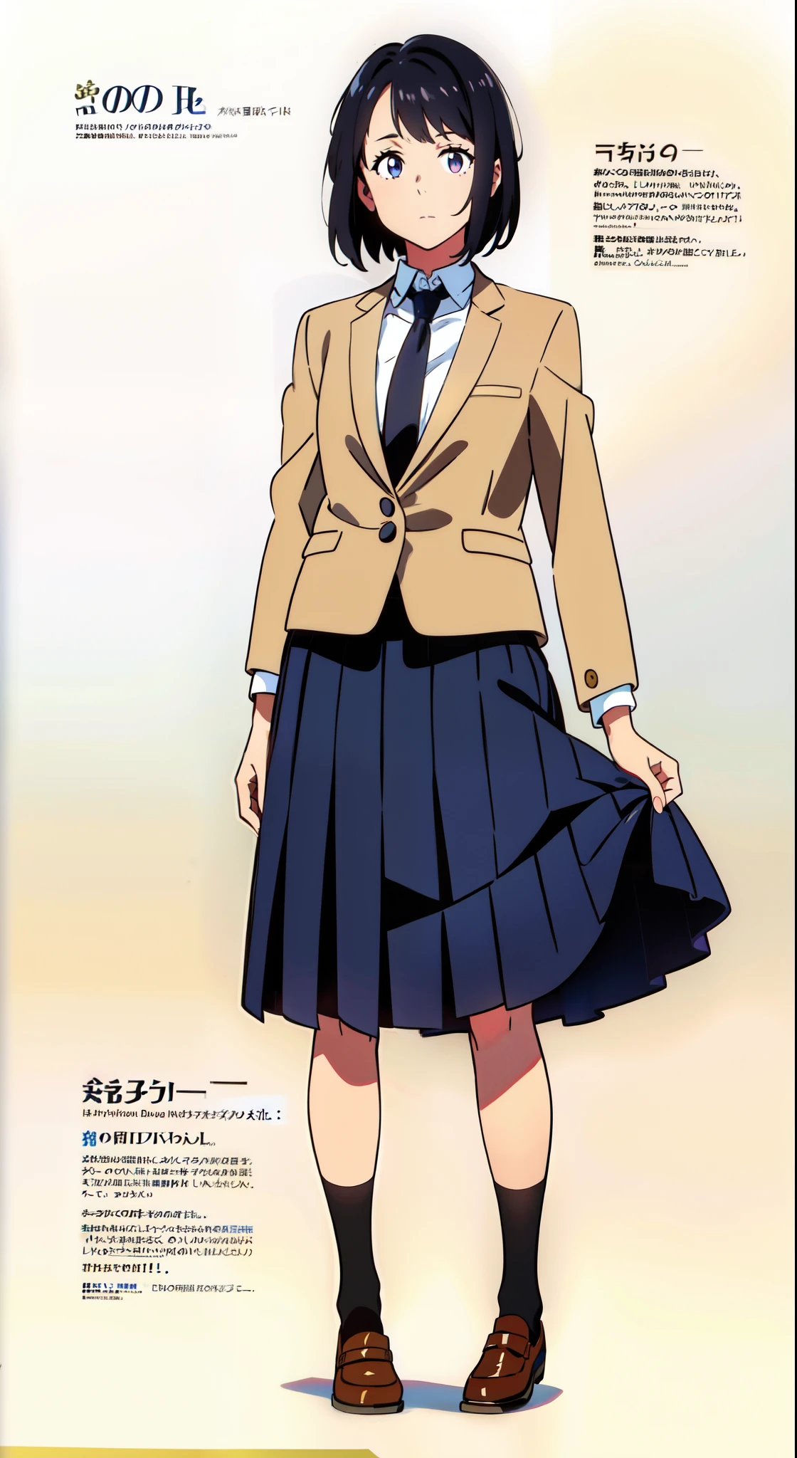 (white background:1.1), (best quality:1.1), (masterpiece:1.1), (full body:1.0), (solo:1.0), (a 18yo cute girl:1.0), (long skirt:0.9), (dark blue skirt:1.0), (pleated skirt:1.0), (school uniform beige blazer:1.0), (dark blue necktie:1.0), (black socks:1.0), (loafers:1.0), (lanky:0.9), (tall:0.9), (slender:0.9), (small breasts:0.9), (detailed beautiful eyes:1.0), (detailed beautiful face:1.0), (glowing black eyes:1.0), (short hair:1.0), (strait hair:1.0), (black hair:1.0), (standing:1.0), (looking at viewer:1.0)