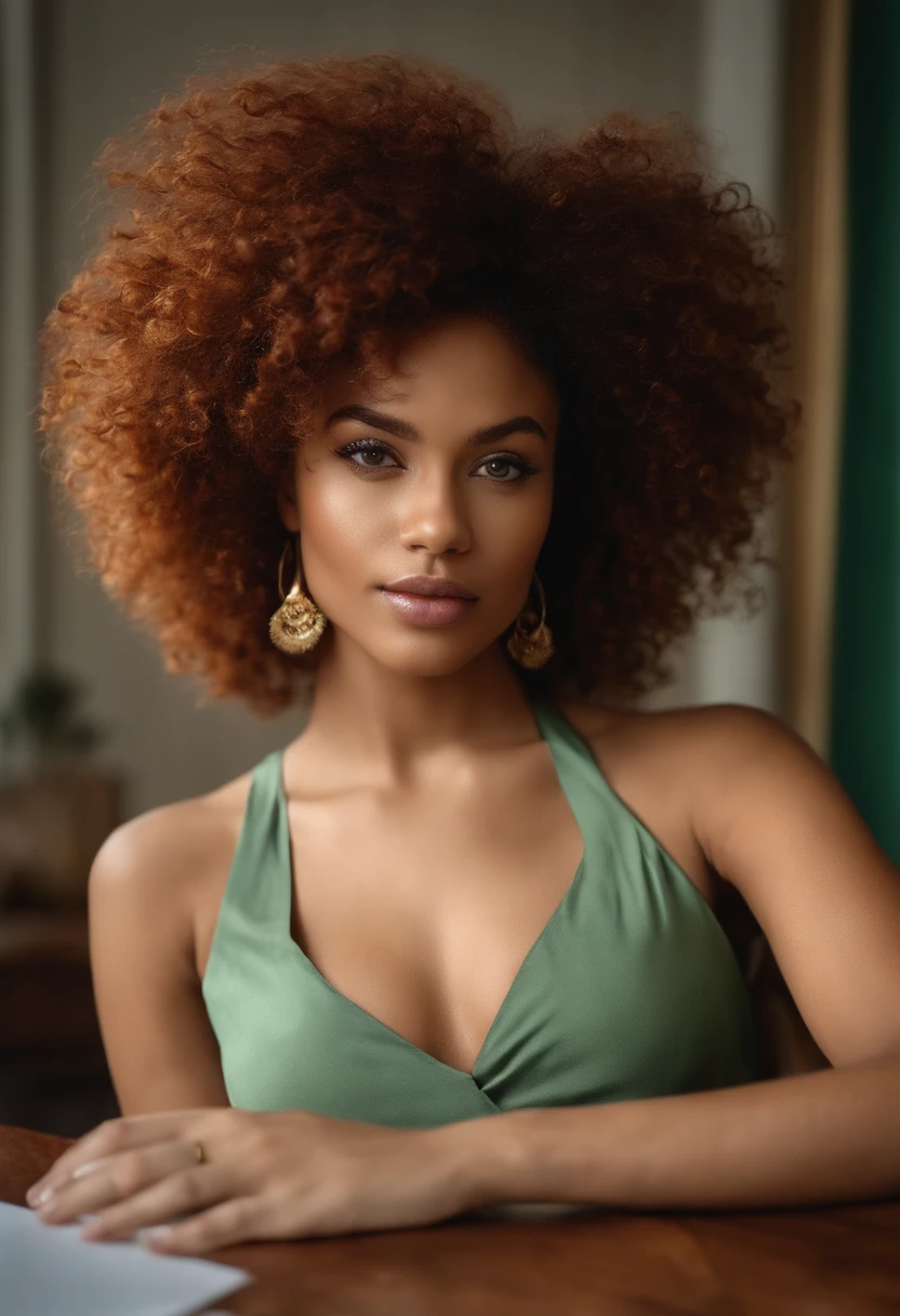"Ultra-realistic image of a beautiful 22-year-old Afro-Latin girl,Caramel peel, corps parfait, Prendre un selfie dans son bureau avec son sony A7RV, maigre, taille ultra-fine, cheveux rouge, Curly and curly hair karibean , piercing green eyes.hyper-realistic,anatomie correcte,Facial features are carefully represented,Boucles gratuites, curly red hair, (cour, curly red hair), Long curly wild red hair, cheveux multiversaux, cour, curly red hair, curly red hair, Boucles, wavy hair spread out, Boucles baroques, Boucles, Curly,Texture des cheveux, Curly bang