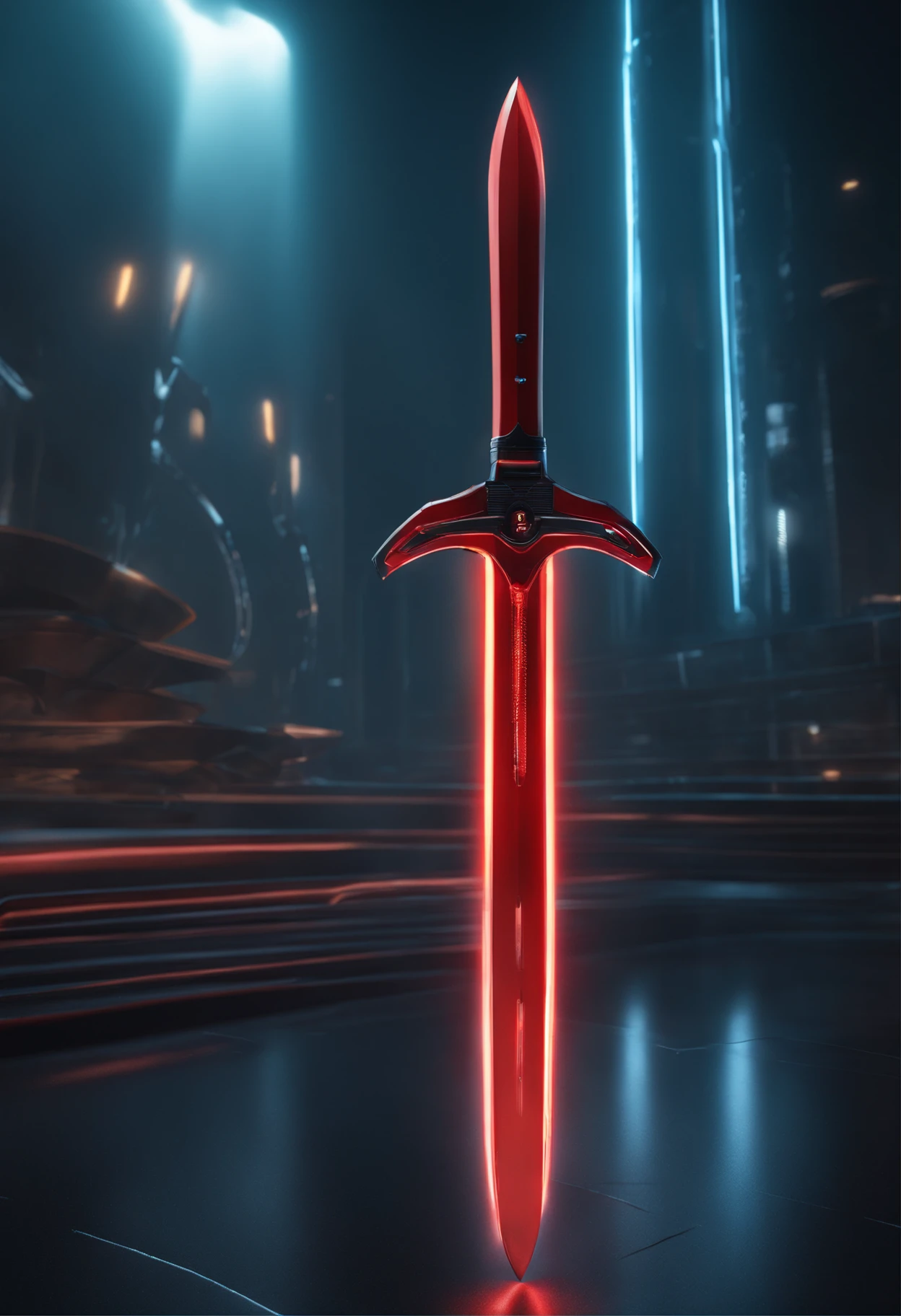 (highres,realistic,photorealistic:1.37),(best quality,4k,8k,highres,masterpiece:1.2),ultra-detailed,futuristic,red neon sword,isolated from background,sharp focus,studio lighting,vivid colors,physically-based rendering,detailed handle design,glowing blade,reflection on the blade,smooth and sleek design,streaks of light,high contrast,light trails,technological feel,energetic atmosphere,innovative and cutting-edge,sci-fi inspired,futuristic city lights in the background