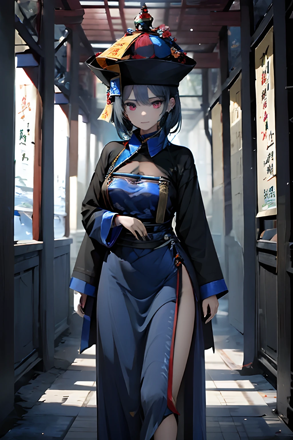 girl, Jiangshi, Chinese dress, fulu on her head, blue hair, blue skin, in a forest, fulu on her head, Chinese paper souls in the air, expressionless, 4k, arms down