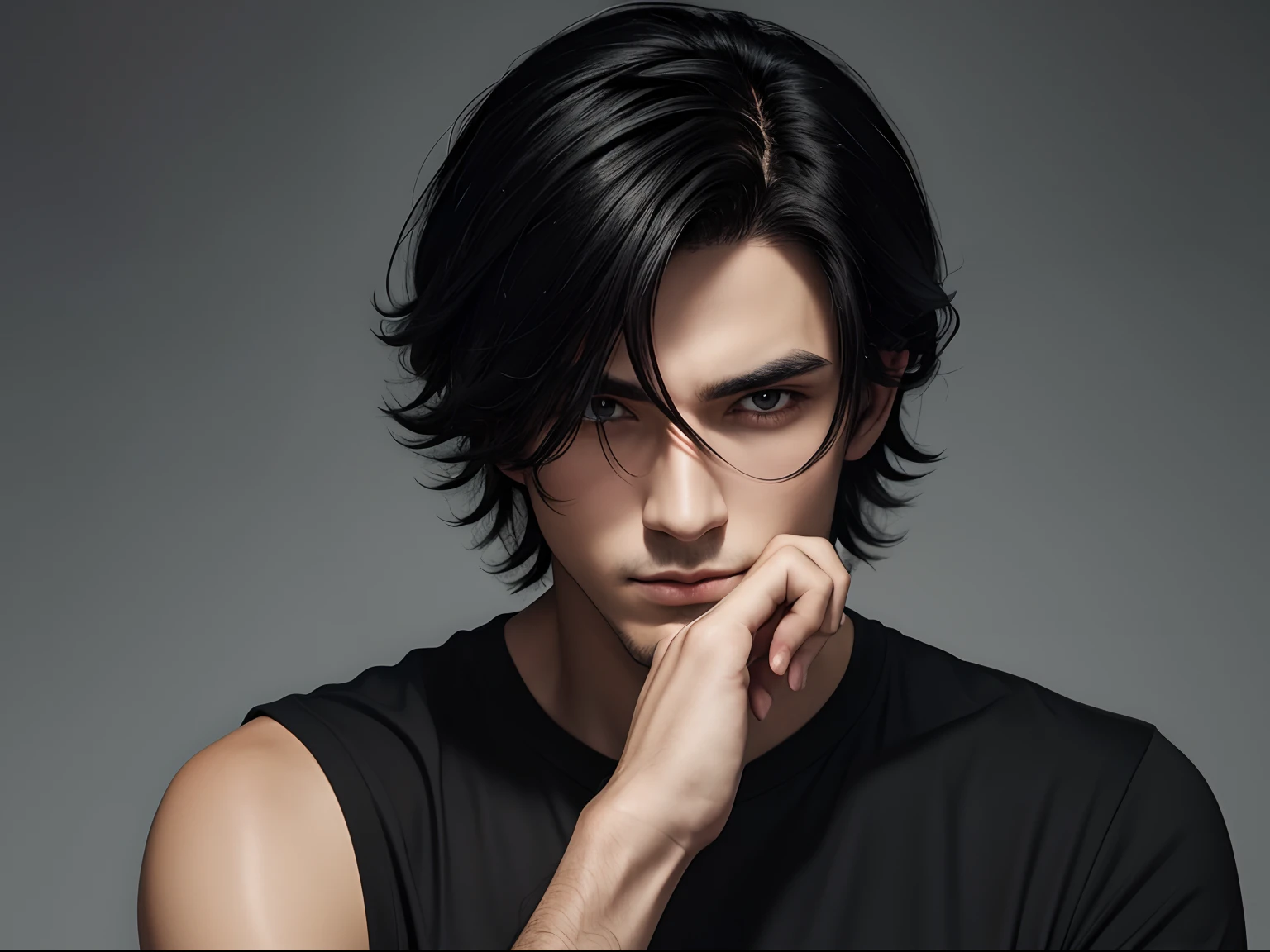 (tmasterpiece,best qualtiy),of a guy,Touch your chin to think,with short black hair,Split head,black t-shirts