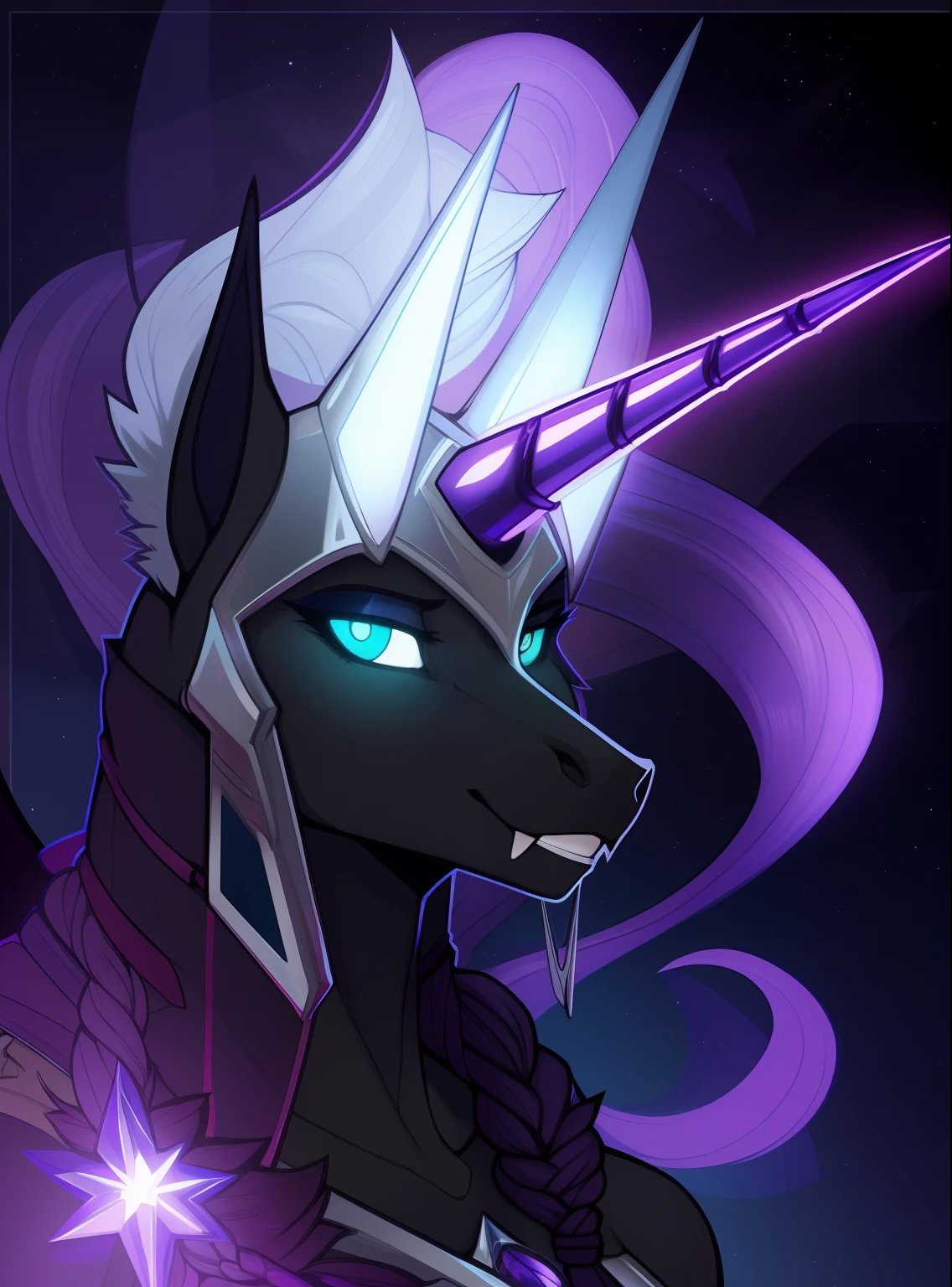 Tall_lanky_muscular_unicorn_with_black_horn full_breasts female dark_purple_hair wavy_braided_hair black_furry_body bat_wings teal_eyes slit_pupils solo Masterpiece best_quality absurdres highly_detailed medieval_gown silver_gorget thick_silver_circlet silver_bracers cleanly_drawn_eyes fangs bat_wings purple_eyeshadow starry_sky stars_in_hair horse_snout anthro_only by_claweddrip, by_greasymojo, by_underscore-b, by_runawaystride