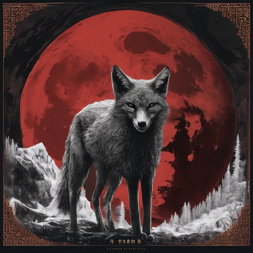 Chinese movie poster,red tint,A huge red moon illuminates the entire village,The village is full of snowflakes,A giant fox,Nine white tails