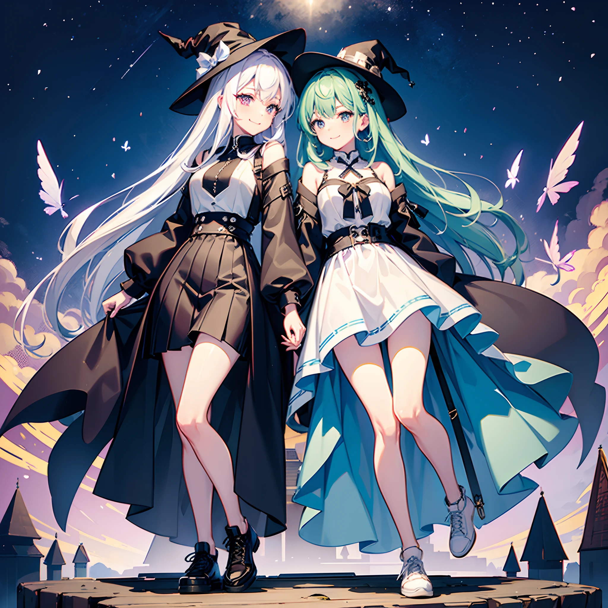 A mystical otherworldly half-timber town、Standing Girl、Black coat、white t-shirt、a black skirt、beautiful thigh、Beautiful feet、Light blue-purple short hair、Looking at me with a smile、Black sneakers with white shoelaces、Large witch hat with sapphire accessories、Dark brown eyes with highlights、On a hilltop with a panoramic view of the town、Historic big castle、hiquality、high-level image quality、