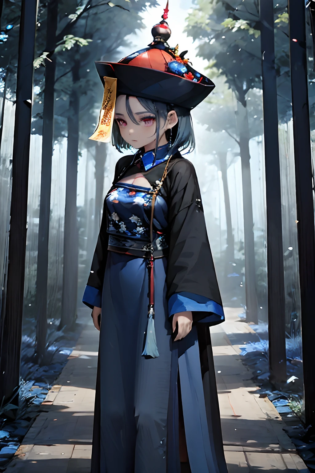 girl, Jiangshi, Chinese dress, fulu on her head, blue hair, blue skin, in a forest, fulu on her head, Chinese paper souls in the air, expressionless, 4k, arms down