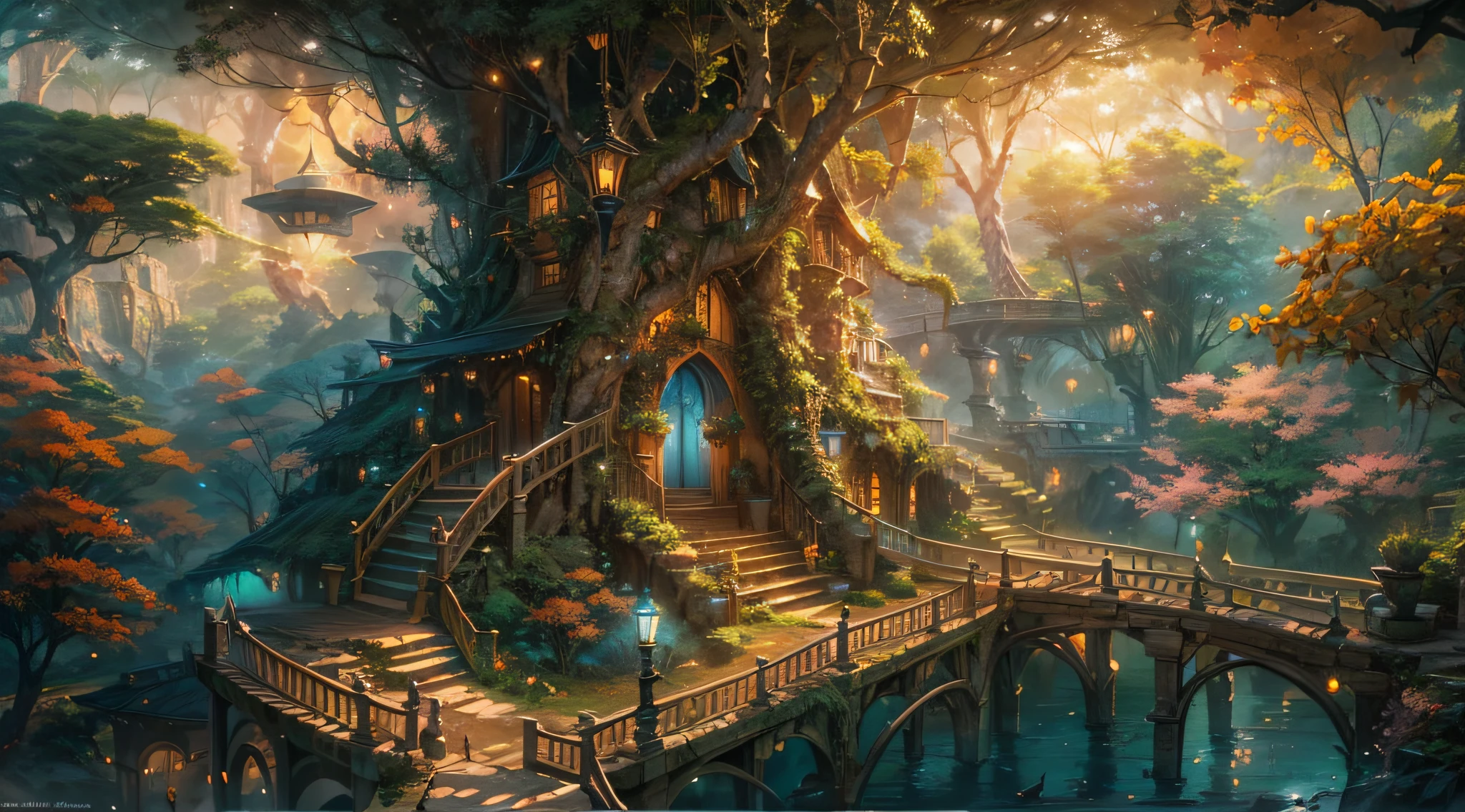 (Best quality,Ultra-detailed),(fantasy,imaginary) Elven City,jungles,Wide shot,shot from afar, Aerial view,(magical,Enchanted) World Tree,tree house,(The magic of nature,Mysterious powers),Vibrant colors,(Ethereal,Otherworldly) lighting, Extreme detail,A serene escape,Mesmerizing tranquility,Safaris in the wilderness,Ethereal beauty,Uncontaminated shelters,Blissful loneliness,Serenity in motion,An unspoiled paradise,Fantastic adventure,Magical tour,Hidden natural treasures.