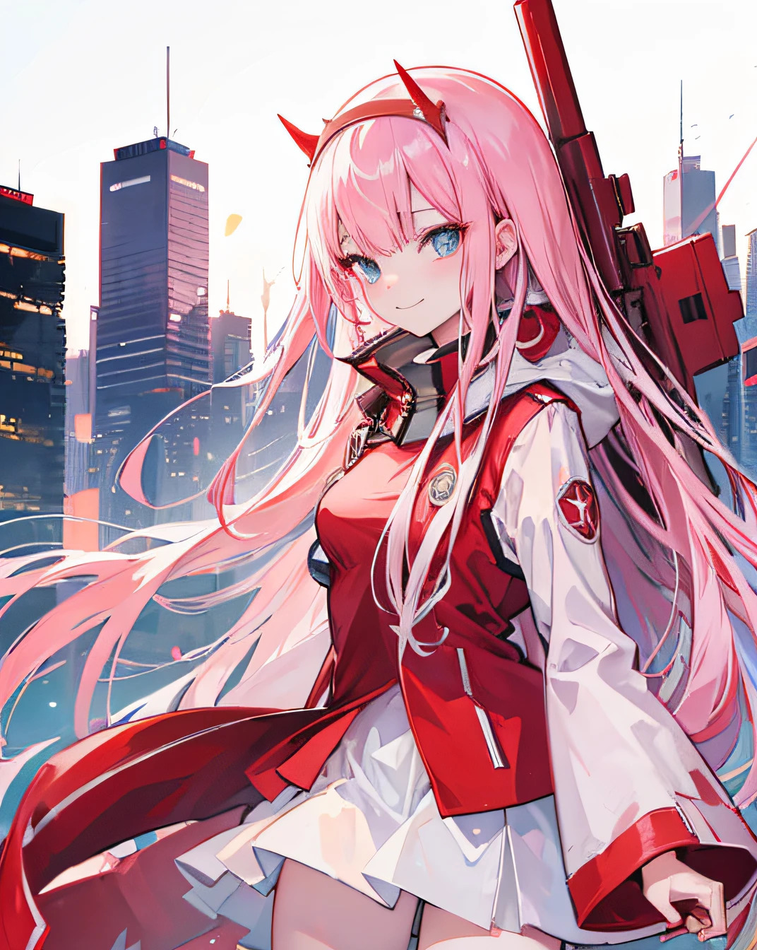 zero two, smile, city, HD, high res, looking at viewer, high quality