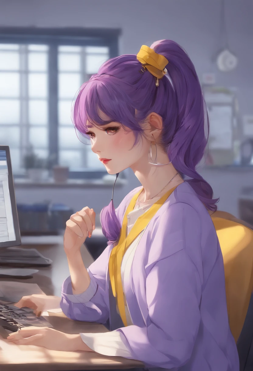 Purple Hair Ponytail Scrunchie Yellow、Light blue cardigan over uniform、High School Girl、 There is no light in my eyes、Sit in front of the computer in the room with earphones、The room is、Darker