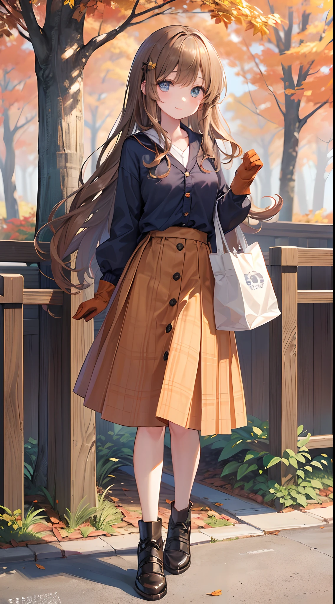 (top-quality), (masterpiece)、(ultla detailed)、(Beautiful girl alone)、(cute little)、20yr old、(Orange theme)、Brown cardigan、Open your clothes、(Navy blue V-neck shirt)、long-sleeve、Green Plaid Prairie Skirt、long skirt、Warm gloves、(Park background)、(autumnal:1.3)、Standing、lightbrown hair、(Half Up Hair:1.3)、(blue eyess)、A detailed eye、A detailed face、A smile、Colossal tits、Long wavy hair、(FULL BODYSHOT)、(Hair curtains)、Looking Up、Fashionable shoes、Have a bag、Daytime、