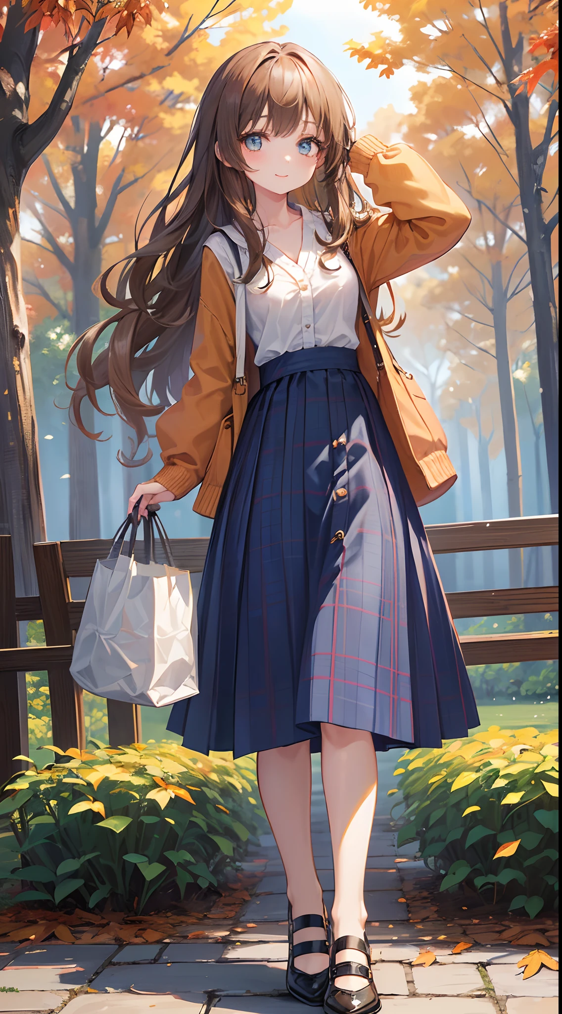 (top-quality), (masterpiece)、(ultla detailed)、(Beautiful girl alone)、(cute little)、20yr old、(Orange theme)、Brown cardigan、Open your clothes、(Navy blue V-neck shirt)、long-sleeve、Green Plaid Prairie Skirt、long skirt、Warm gloves、(Park background)、(autumnal:1.3)、Standing、lightbrown hair、(Half Up Hair:1.3)、(blue eyess)、A detailed eye、A detailed face、A smile、Colossal tits、Long wavy hair、(FULL BODYSHOT)、(Hair curtains)、Looking Up、Fashionable shoes、Have a bag、Daytime、