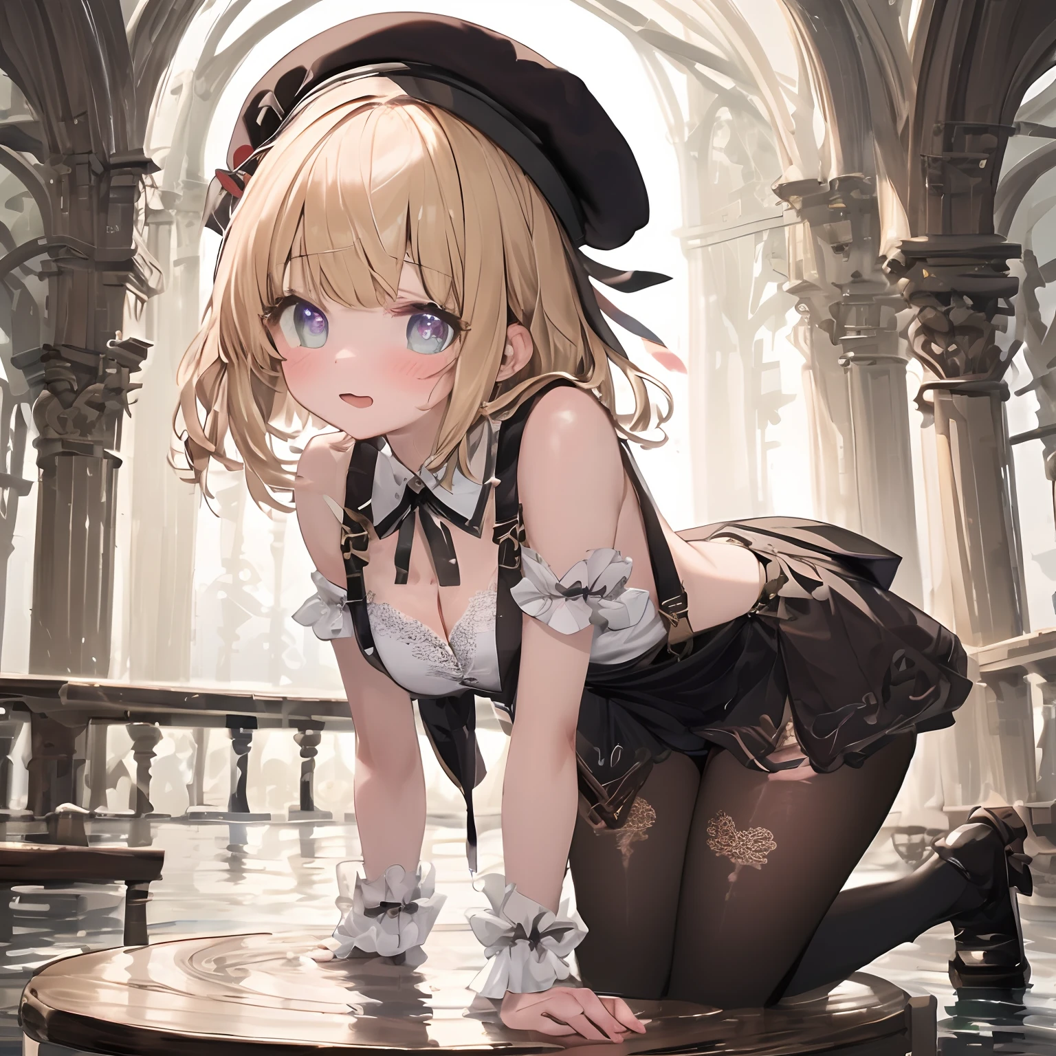 1girll, upper legs,Solo, thigh boots, White shirt, Black skirt, blackfootwear, (((Masterpiece,high resolution,Best quality))), Solo, bent over, On a table, Blonde hair, view the viewer, Open mouth, Solo, Blush, Wet clothes, Heart, Wet, (beret :1.8), Short hair, (iwanagakotoko:0.9), satyr, White panties, Big ass beautiful ass, Beautiful thighs, Beautiful panties,Lace，pantiess，cleavage，Seductive pose，lacepantyhose，Suspender stockings，Wet，perspire，The genitals are partially visible