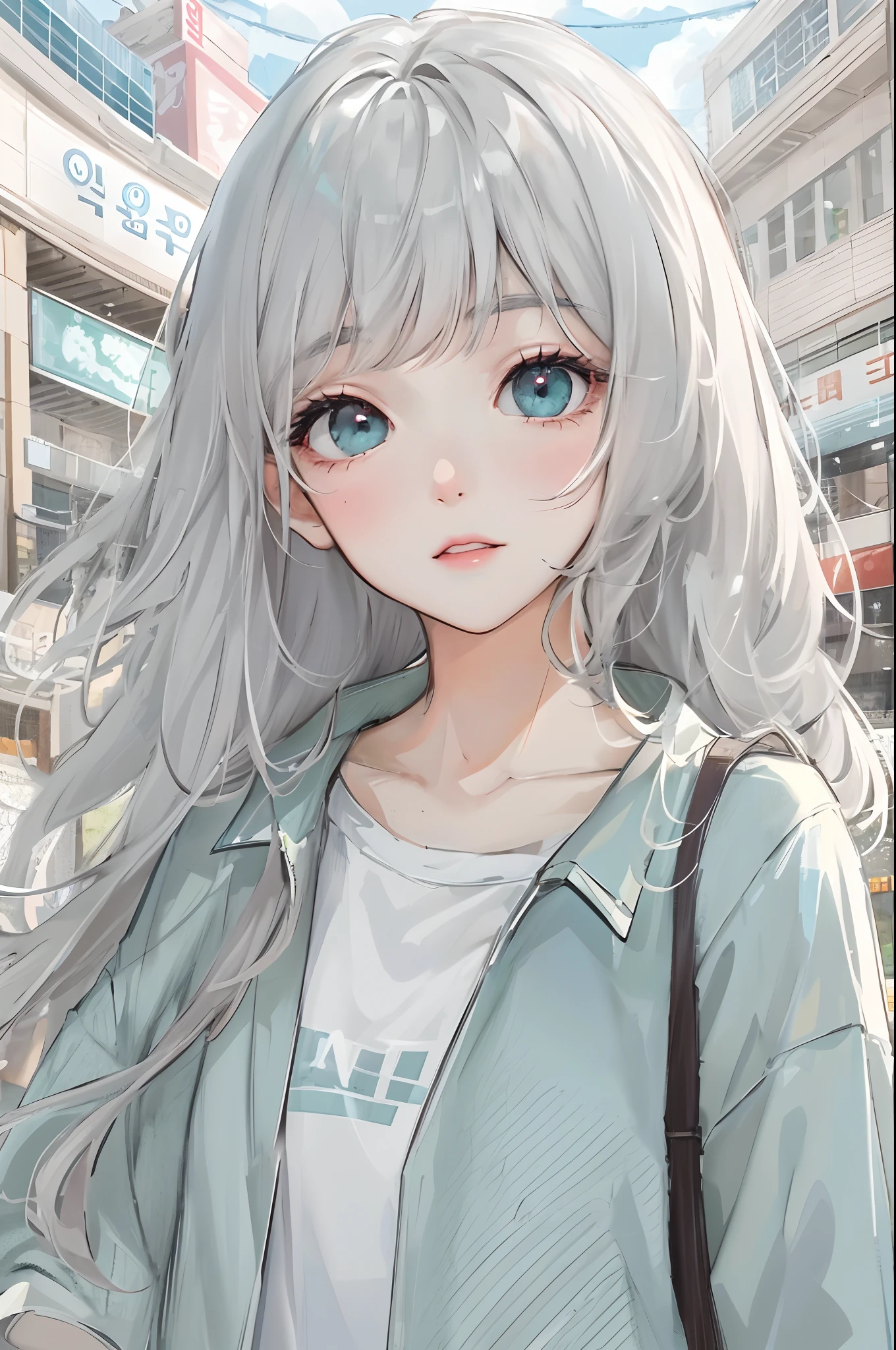 Absurdres, Masterpiece, Best quality, light colors, pastel colors, korean girl with Beautiful face , light grey hair , long semi curly with bangs, anime eyes, light teal eyes, winking face, semi casual clothes, city mall background, detailed background