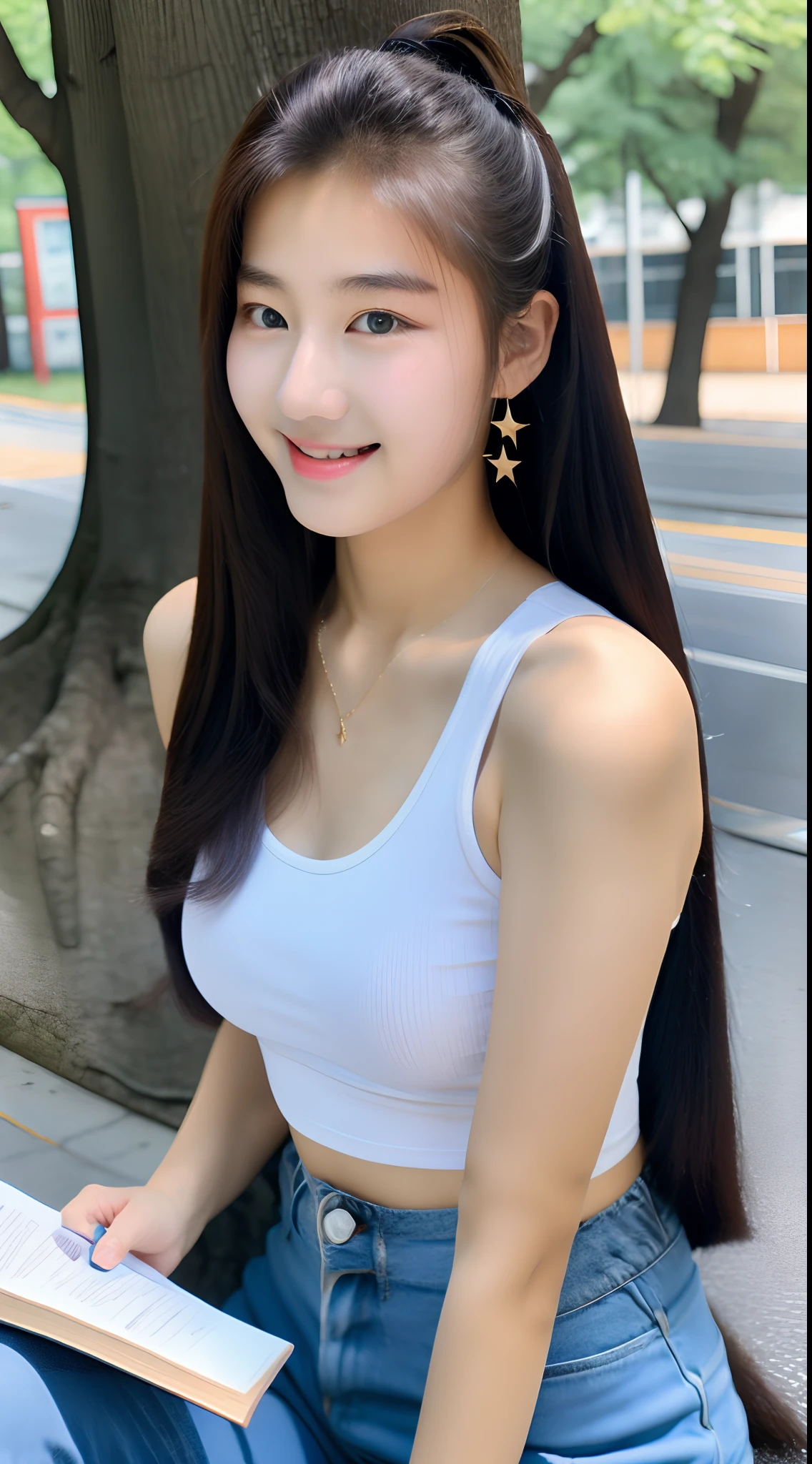 Realistic photos of (1 cute Korean star) ponytail hair, slightly smile, 32 inch breasts size,wearing tank top, pants, reading book under the tree, close-up portrait, UHD