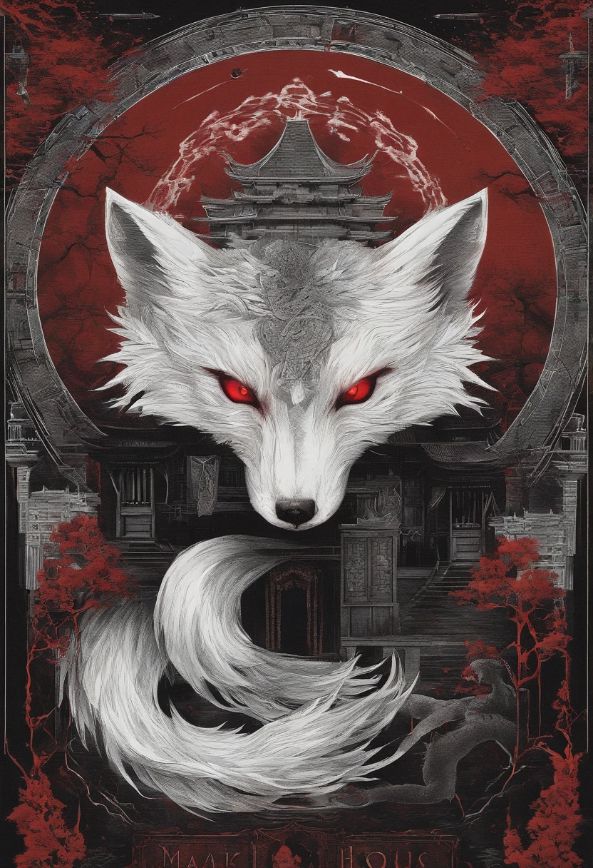 Chinese movie poster,red tint,A huge moon illuminates the entire village,The village is full of snowflakes,The 9-tailed white fox demon spits out a night pearl,Towards the moon,In the lower right corner, There is a house,There are a few faces peeking at the house,kitsune three - tailed fox, three - tailed fox, White-haired fox, ethereal fox, white fox anime, Nine tails, fantasy fox love, Kitsune, White fox