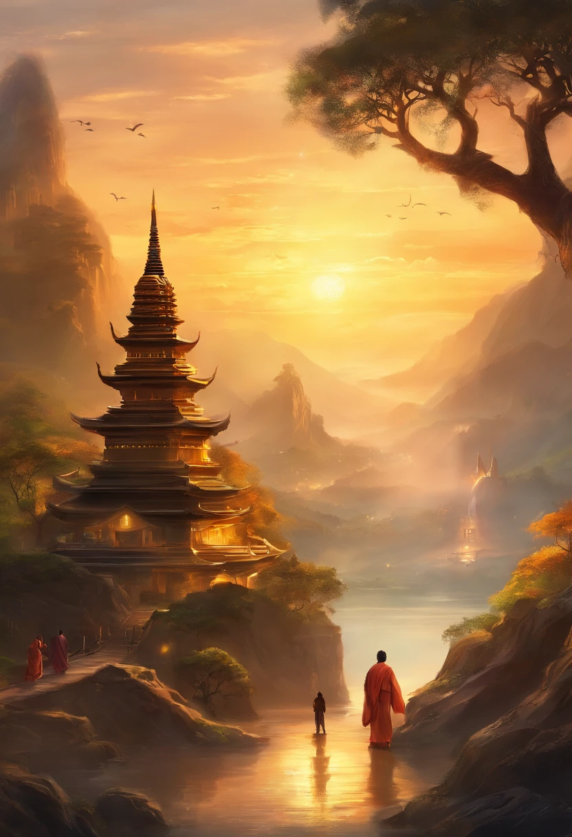 Big Buddha in the distance,Golden Buddha Shining Gold, beefy, Tall, majestic,Shots behind the remote mountains, The background is lit up with sunlight., Towering trees, Many monks,Buddhist monks march through the streets., Villagers stood and waited for the monks., The composition is beautiful., With a masterpiece., details, and high resolution.