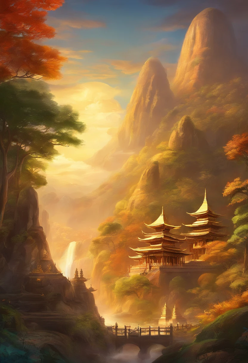 Big Buddha in the distance,Golden Buddha Shining Gold, beefy, Tall, majestic,Shots behind the remote mountains, The background is lit up with sunlight., Towering trees, Many monks,Buddhist monks march through the streets., Villagers stood and waited for the monks., The composition is beautiful., With a masterpiece., details, and high resolution.