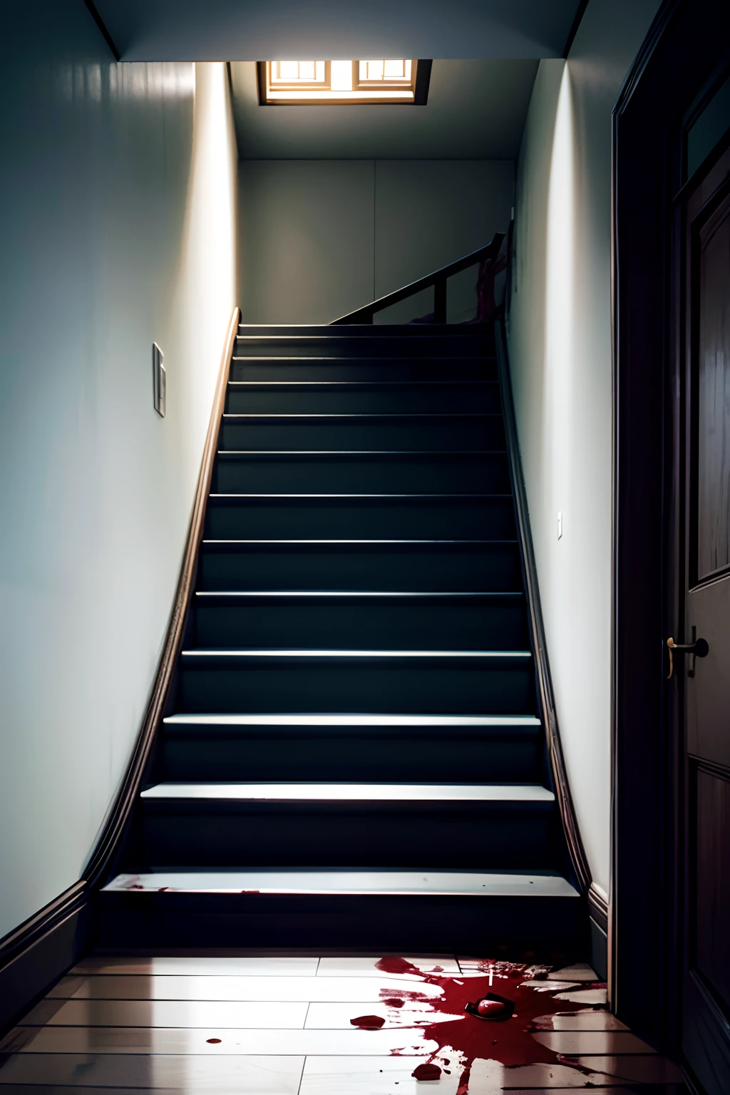 A room with a spacious staircase,At the bottom of the stairs was a blood-soaked floor,Pregnant woman slips and falls on the stairs,Weakness in the body,Blood was everywhere on the ground。