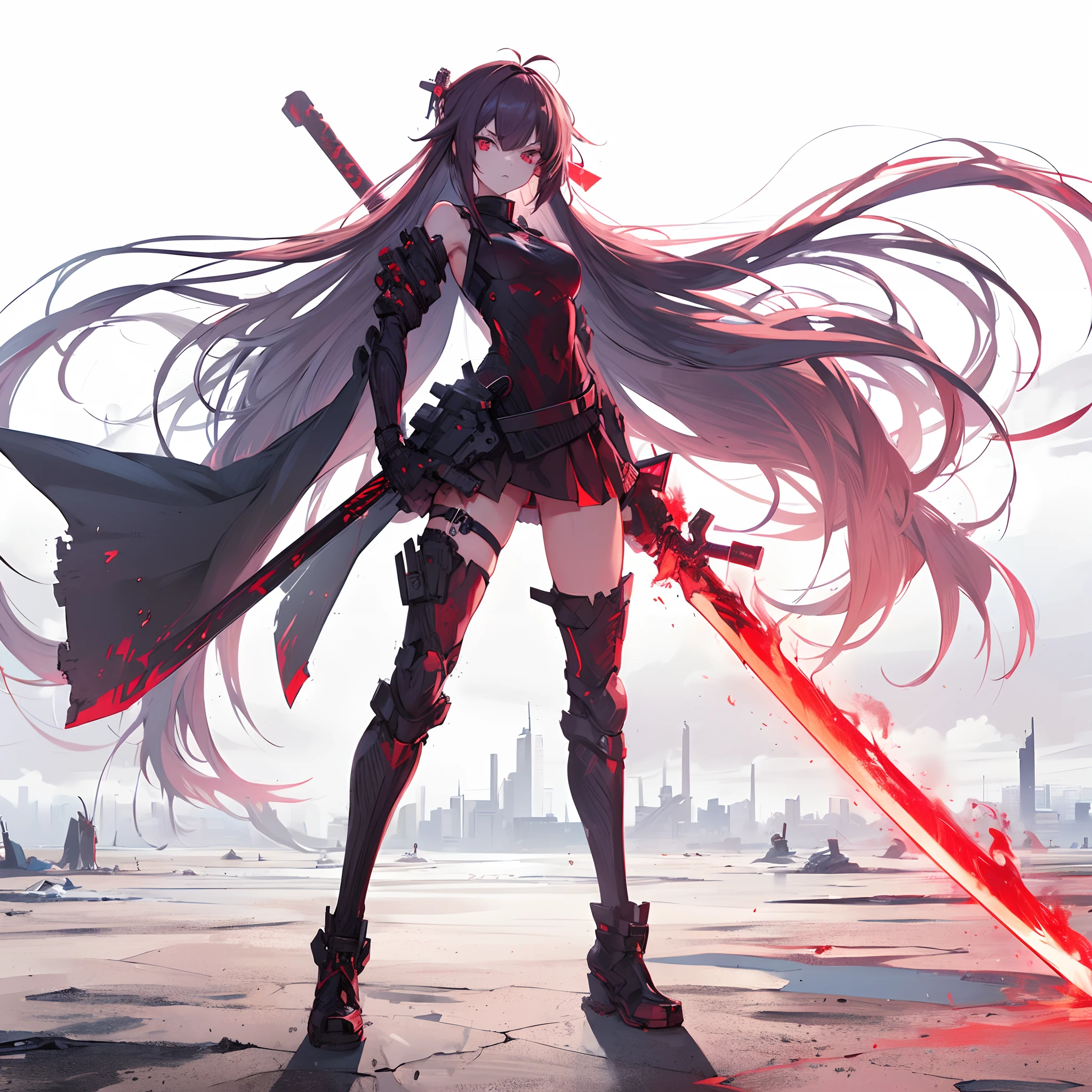 (masutepiece, Best Quality), (Perfect athlete body:1.2), (detailed hairs), Ultra-detailed, Anime style, Full body, Cyberpunk Ninja Girl, Japan Hairstyles, Red Eyes, Wield a giant flaming sword, Standing in the wasteland, Wear high-tech boots, 8K High Resolution, trend artstation, White background, Standing in the wasteland, Whole body,