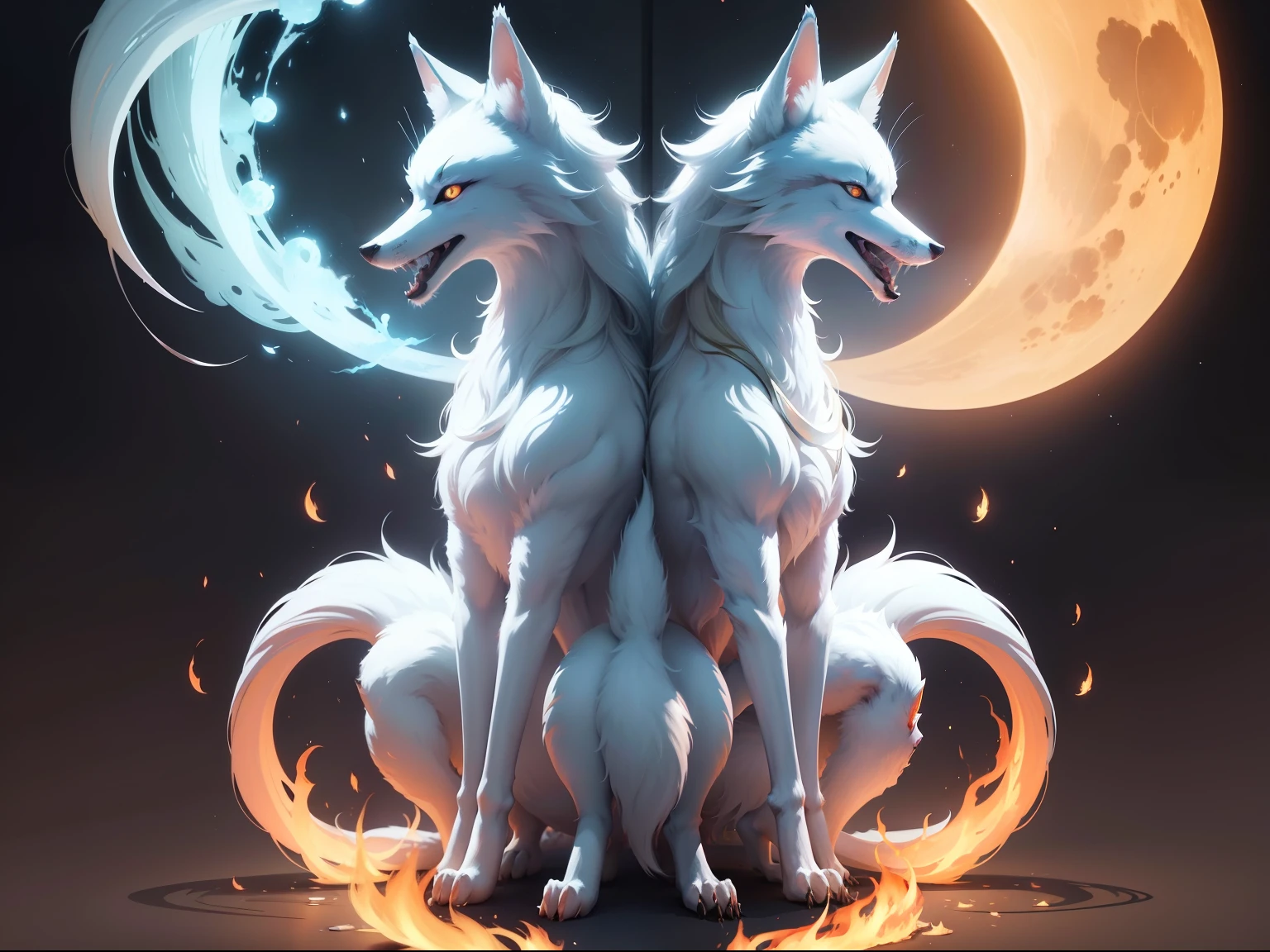 ((((Nine-tailed white fox)))The background is a super-large moon, Nine-Tailed Fox, Dreamy, Millennium Fox Demon, onmyoji detailed art, Nine Tails, beautiful artwork illustrations, a mythical creature, Fox, beautiful digital works of art, Exquisite digital illustration, digital art on pixiv, Bright light, High contrast, Horror movie themes, Dark atmosphere、Open your mouth wide and exhale flames