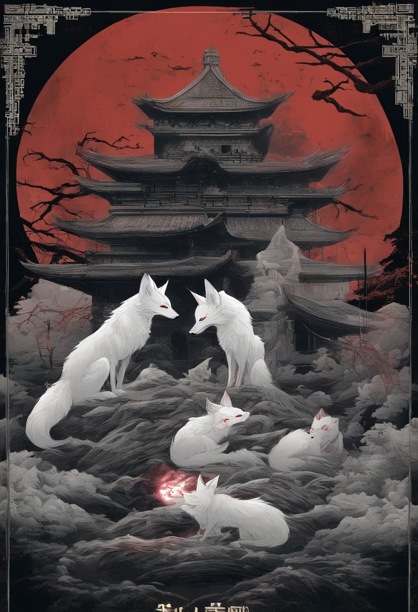Chinese movie poster,red tint,A huge moon illuminates the entire village,The village is full of snowflakes,The 9-tailed white fox demon spits out a night pearl,Towards the moon,In the lower right corner, There is a house,There are a few faces peeking at the house,kitsune three - tailed fox, three - tailed fox, White-haired fox, ethereal fox, white fox anime, Nine tails, fantasy fox love, Kitsune, White fox
