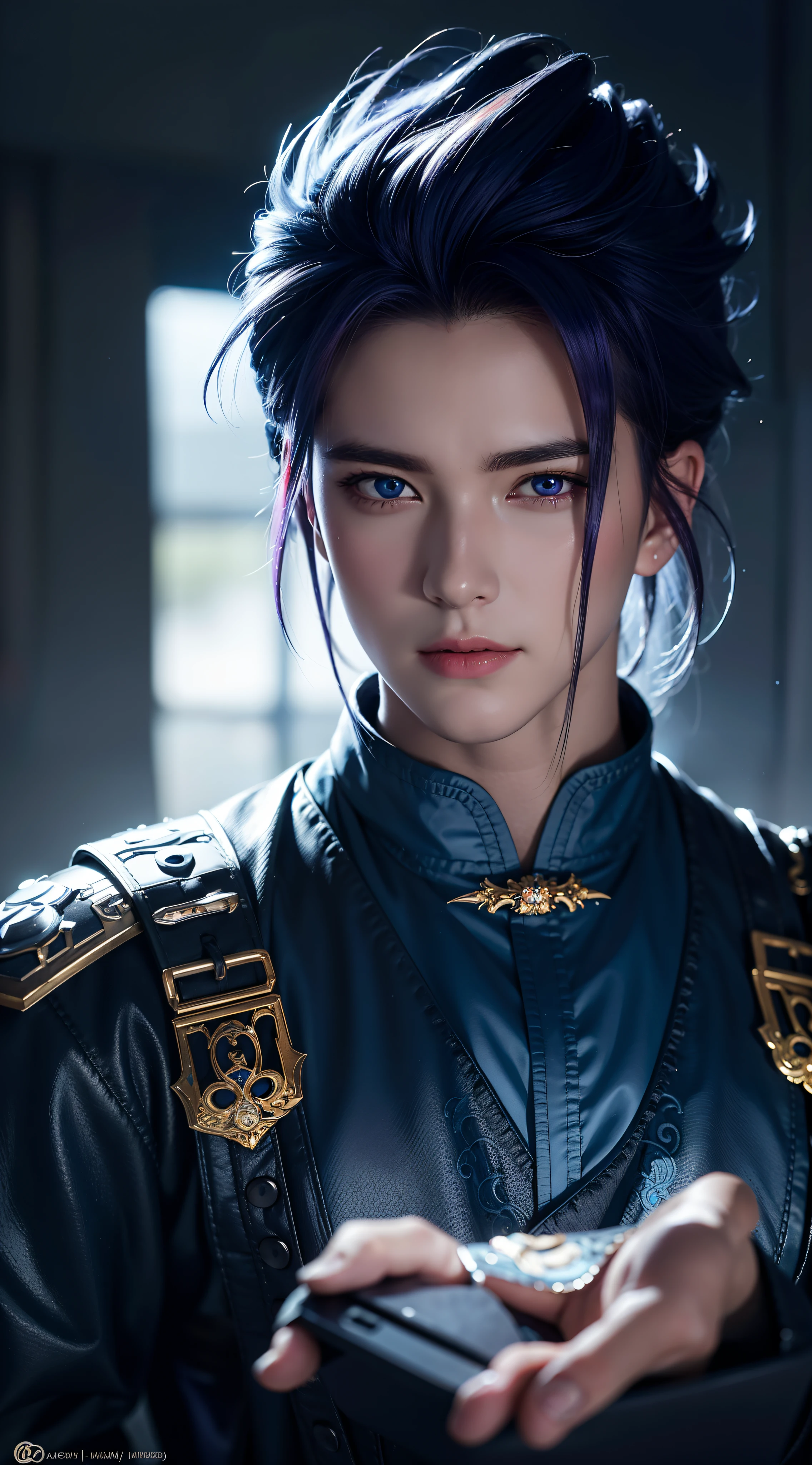 An 8k masterpiece, Highest resolution, All details, Meticulous details, Depth of field, bright colors, Nice layout: anime character Gohan impresses with his purple-blue hair and eyes that brightly illuminate every detail, standing on a dark and ominous background. This handsome demon slayer is the epitome of the bad guys in the fantasy art world.