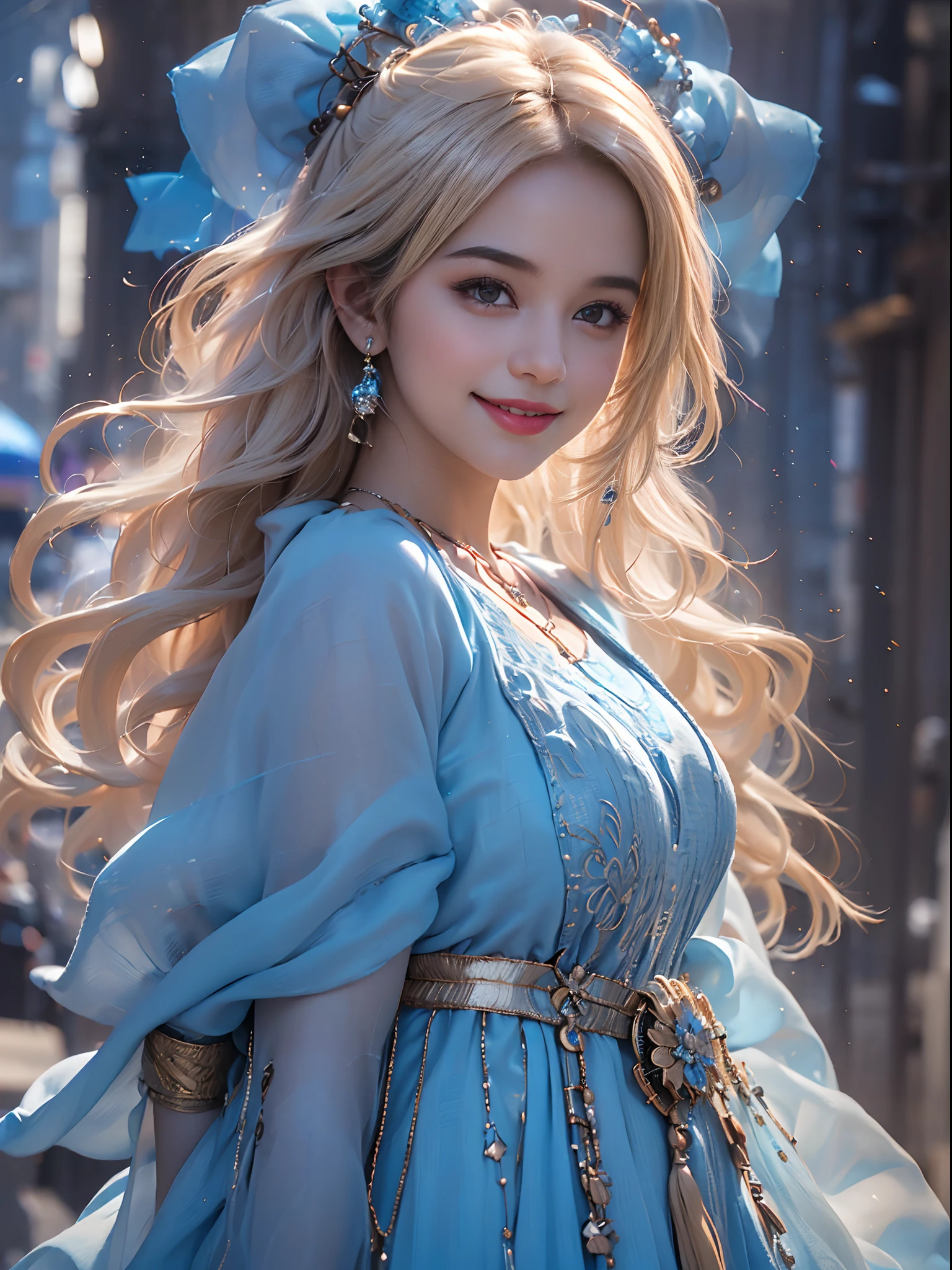 ((( huge smiling 0.3))) (((desi girl))) ((( Selena Gomez: Emma Watson:0.7))), chubby face, natural skin, wearing hot deep neck top and dupatta, charming black hair, ((hair ends are blonde)), city streets background, (Blur Background:1.6), (Blue Hue:1.5), (Auto focus:1.4)