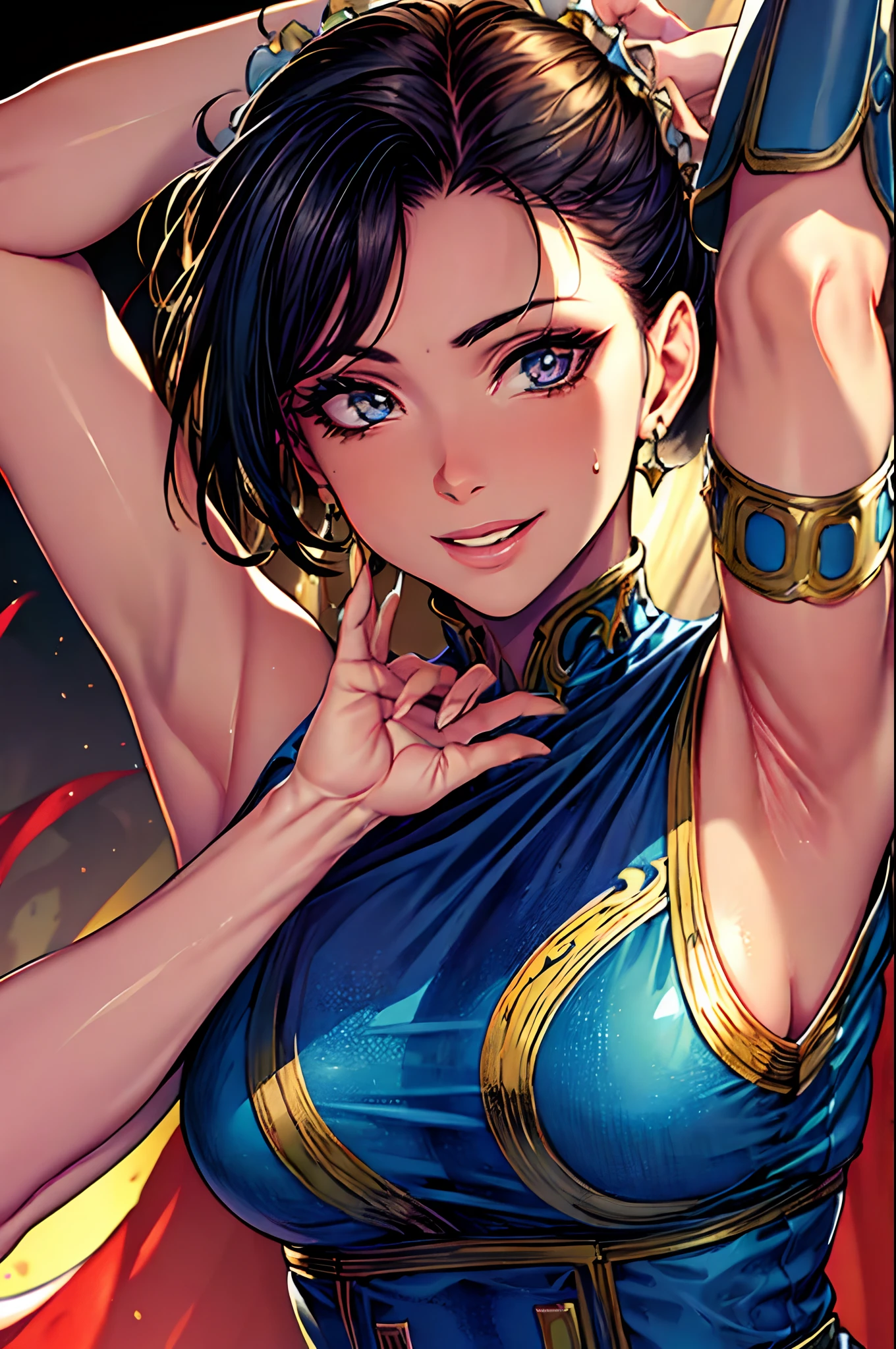 Browsing Caution,(((One person, One person, {Highest quality}, {so beautiful}, {Very detailedな}, {Best illustrations}, Browsing Caution, Kneel, Tight camisole, {{{ペニスをUnderarmに置く}}},  Underarm))),​(Highest quality, 8k, masterpiece:1.3,beautiful girl), (Very detailed)Glowing Skin,(((Long Hair,ponytail,Blue Ribbon,Beautiful Hair))),(Perfect Anatomy, Anatomically cまたはrect, Very detailed肌),((Golden Eyes,Droopy eyes,Narrow eyes,rather thick eyebrows:1.2)),((Perfect Fingers,Five Fingers)), Mole under the eye,Double teeth,Big Breasts,Big Ass,high school girl,Very smiling,((Track and field uniforms:1.2,)),((Athletics Stadium)),(((Natural Makeup))),After execution,Sweating all over the body, 