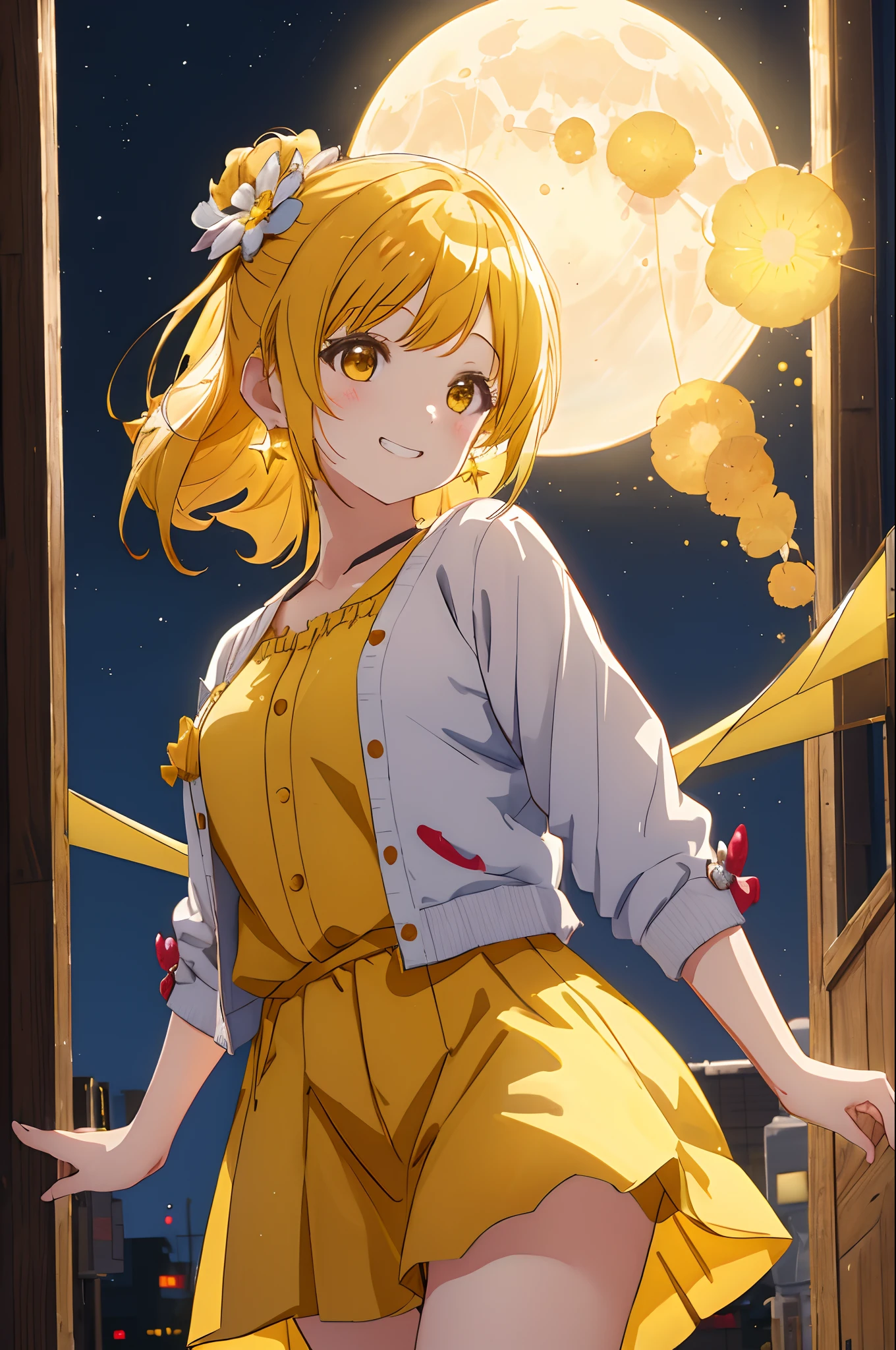 (Best Quality, masutepiece, hight resolution),1girl in,Solo,Adorable_girl,earrings,hair clips,grin,flower,Yellow clothes,nighttime scene,Blurry background,a moon、starrysky