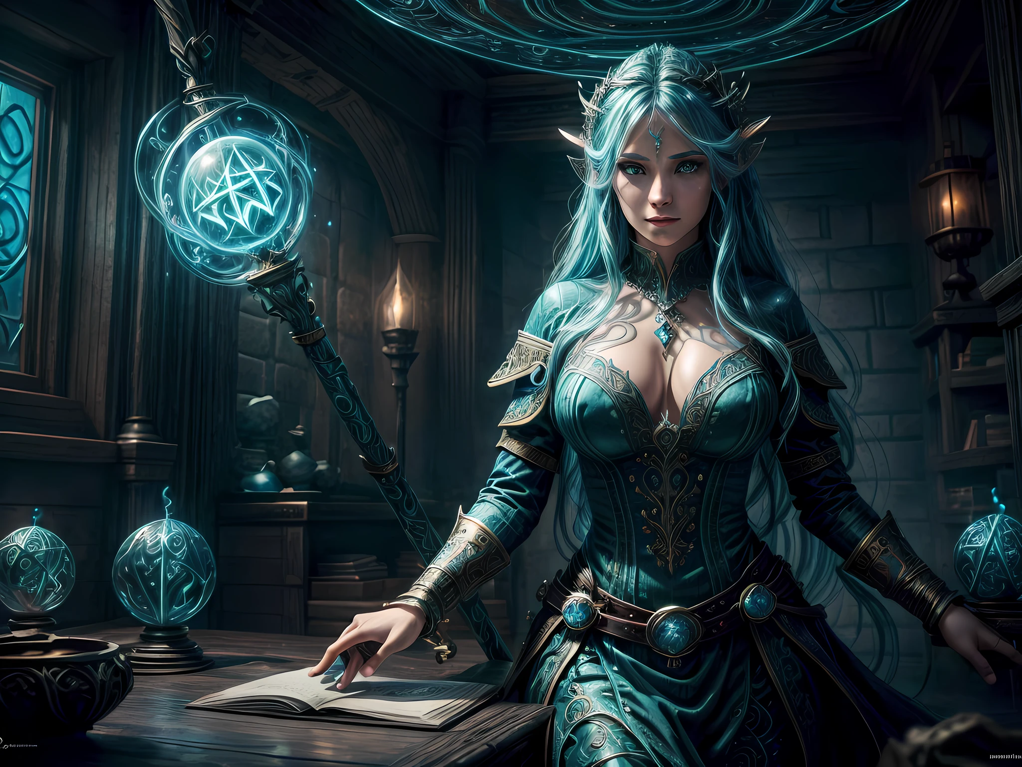 high details, best quality, 8k, [ultra detailed], masterpiece, best quality, (extremely detailed), full body, ultra wide shot, photorealistic, fantasy art, dnd art, rpg art, realistic art, an ultra wide picture of a female human (1.5 intricate details, Masterpiece, best quality) godess of water  ((watery radiant aura)), controlling a swirling streams of watery magic (1.5 intricate details, Masterpiece, best quality), manipulating purple radiant magical symbols, [[divine symbols]] (1.5 intricate details, Masterpiece, best quality), human female, blue  hair, long hair with aura, hair with green radiant eyes, intense eyes, holding a staff, ((radiant eyes)), (( green glowing eyes)), dynamic clothing, magical library, with many books, and magical runes and wards, glowing arcane sigils GlowingRunes_paleblue, crystal ball (best details, Masterpiece, best quality) on table, runes on crystal balls GlowingRunes_yellow, fantasy magical library background (best details, Masterpiece, best quality), Ultra-Wide Angle, high detail, award winning, best quality, HD, 16K, 3D rendering, high details, best quality, highres, ultra wide angle, 3D rendering, [[anatomically correct]]