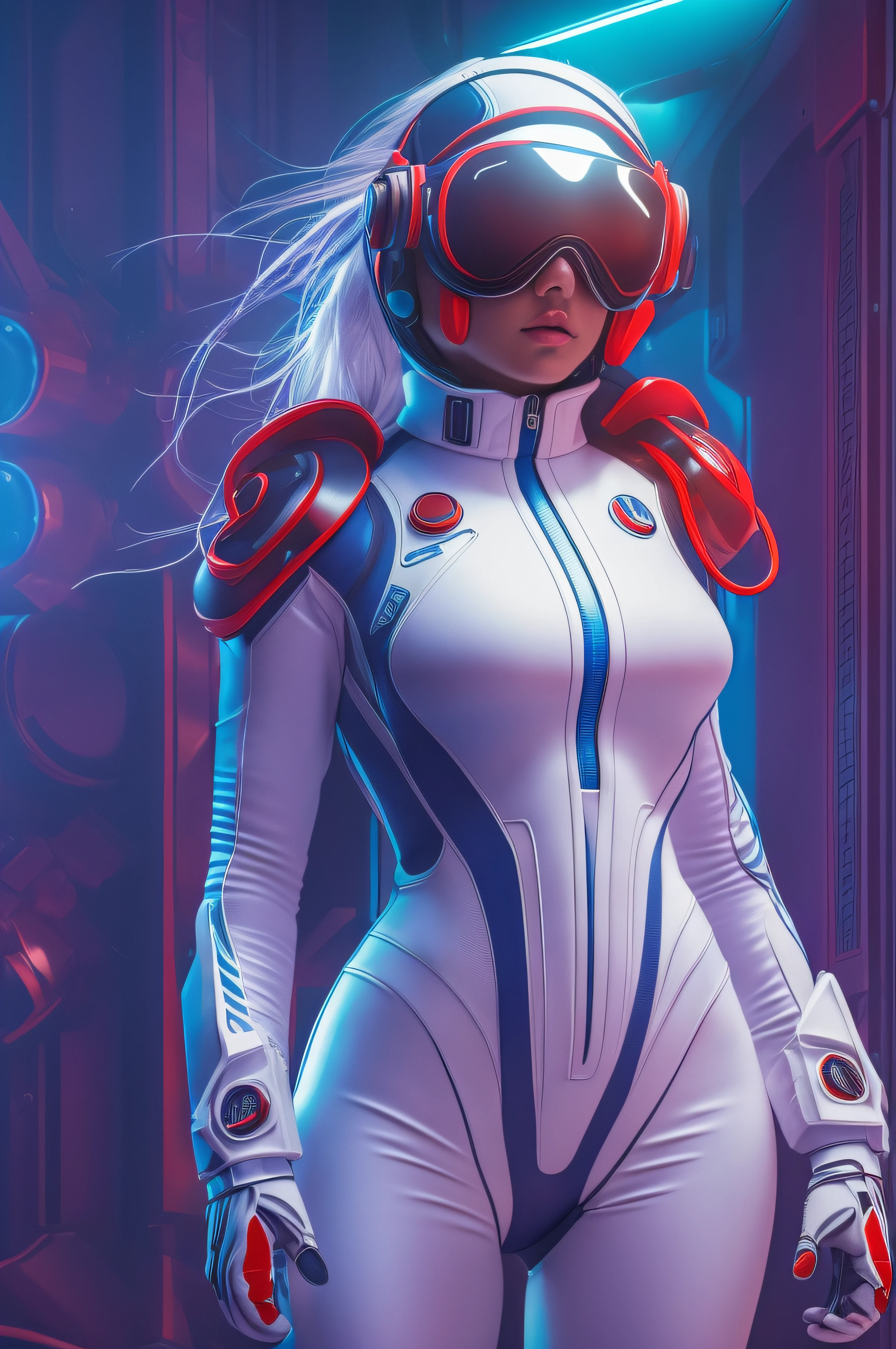 (best quality, ultra-detailed, realistic:1.37), Futuristic mariner girl, white zero suit with a blue sailor collar, puffy red air-filled vest, blue boots and white gloves, VR style goggles, vibrant colors, sharp focus, studio lighting, sci-fi theme --auto