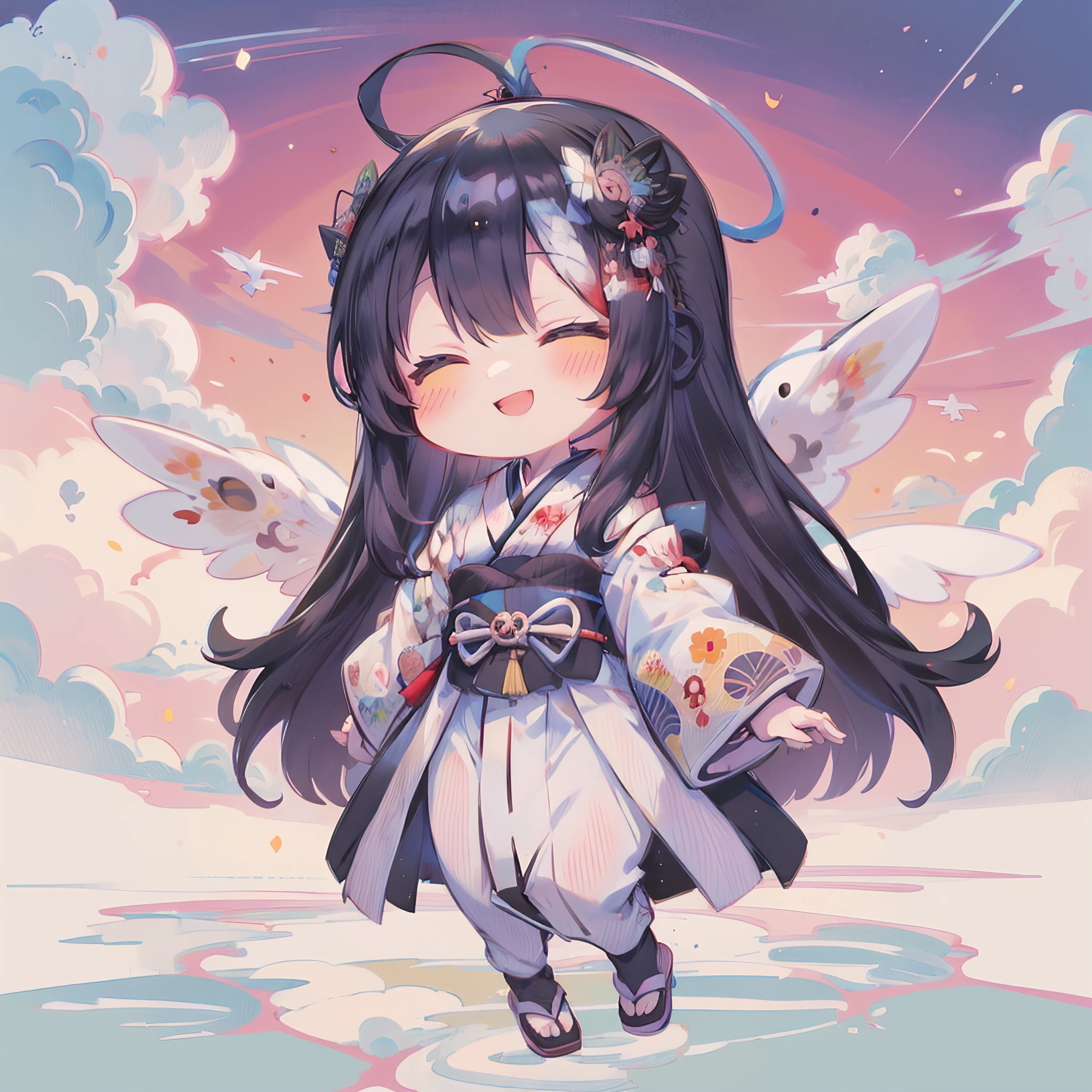 (masterpiece
0.1), (Best Quality:1.2), (Very detailed 1.2), marbling, Marble pattern, Abstract Art, Floating Cloud Effect, Rainbow theme, (Maiden of Heaven:1.5), (Hagoromo:1.9), (girl with), (Solo), Full body, Ahoge, Closed eyes, (Black Long Hair:1.3), (Deformed:1.3), (Chibi Character:1.3), Japanese style, Blue sky, (Floating in mid-air:1.4), flying though the air, Under no gravity, Crepuscular rays, Smile, (Lotus pattern), mandara,