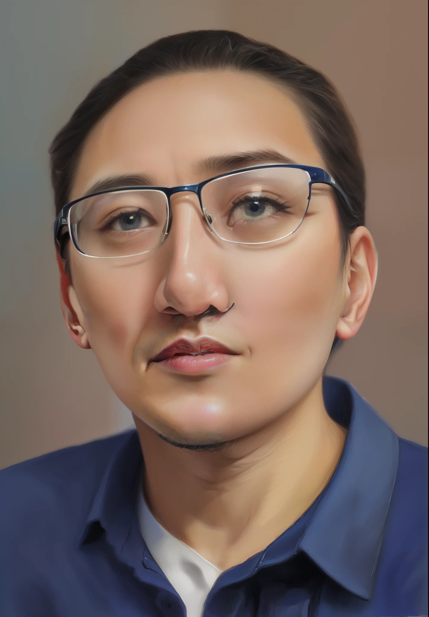 Painting of a man with glasses and a blue shirt, digitalportrait, #1 digital paintting of all time, # 1 digital paintting of all time, digitalportrait, digital oil on canvas, digital paiting, digitial painting, digital art portrait, digital illustration portrait, oil digital painting, nft portrait, ai assisted digital painting, cartoon digital painting, digitial painting，8K ,best qualityer,delicated,ultra - detailed,超高分辨率,Complicated details,8K resolution,physically-based renderingt,professional photoshooting,realistic model,photorealistic  art,hdr,Realism 1.4,anthropomorphic turtle,softcolors,simplebackground/Without background,Realistic/of a real,超高分辨率,。.。.。.。.。.3D