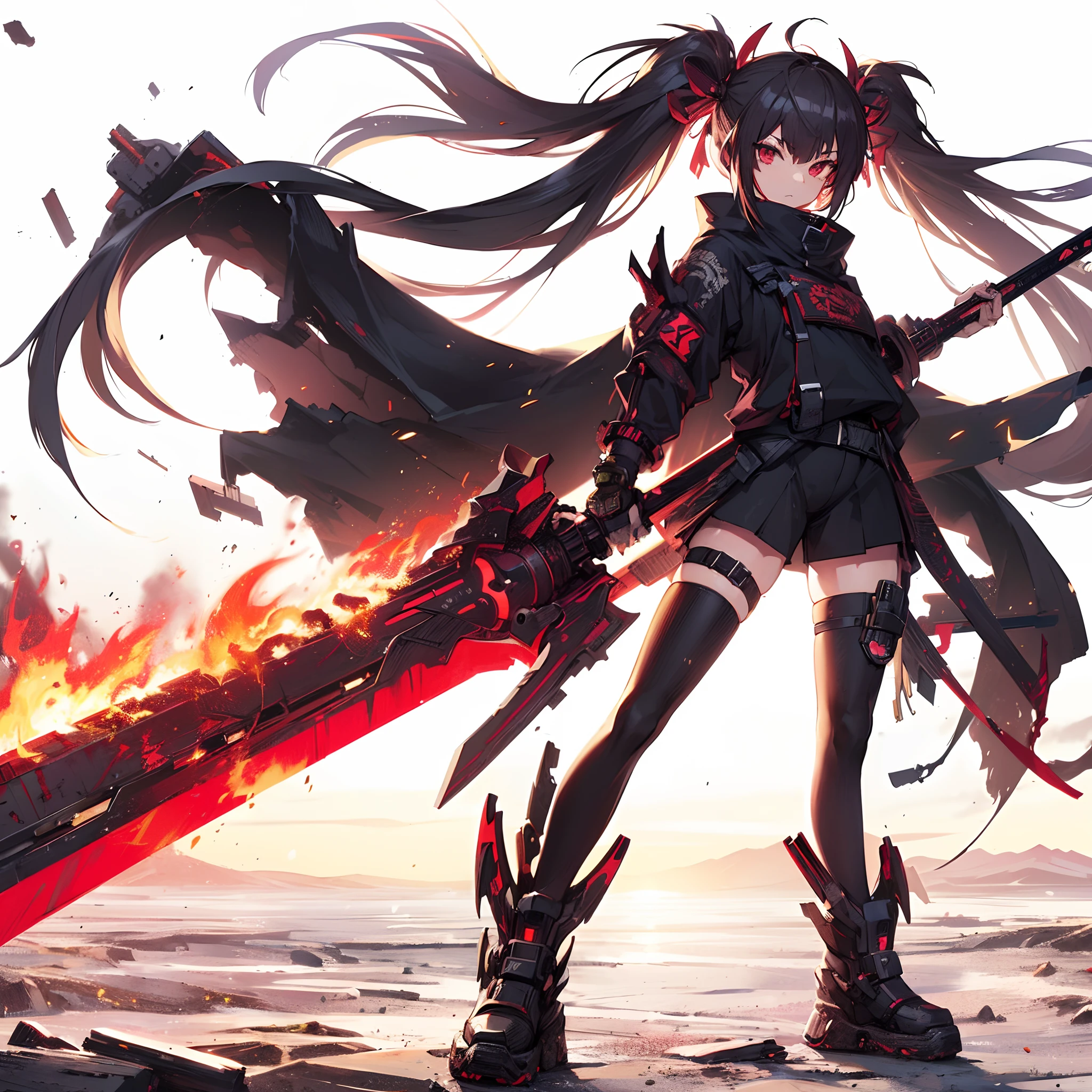 (masutepiece, Best Quality), (Perfect athlete body:1.2), (detailed hairs), Ultra-detailed, Anime style, Full body, Cyberpunk Ninja Girl, Japan Hairstyles, Red Eyes, Wield a giant flaming sword, Standing in the wasteland, Wear high-tech boots, 8K High Resolution, trend artstation, White background, Standing in the wasteland, Whole body,