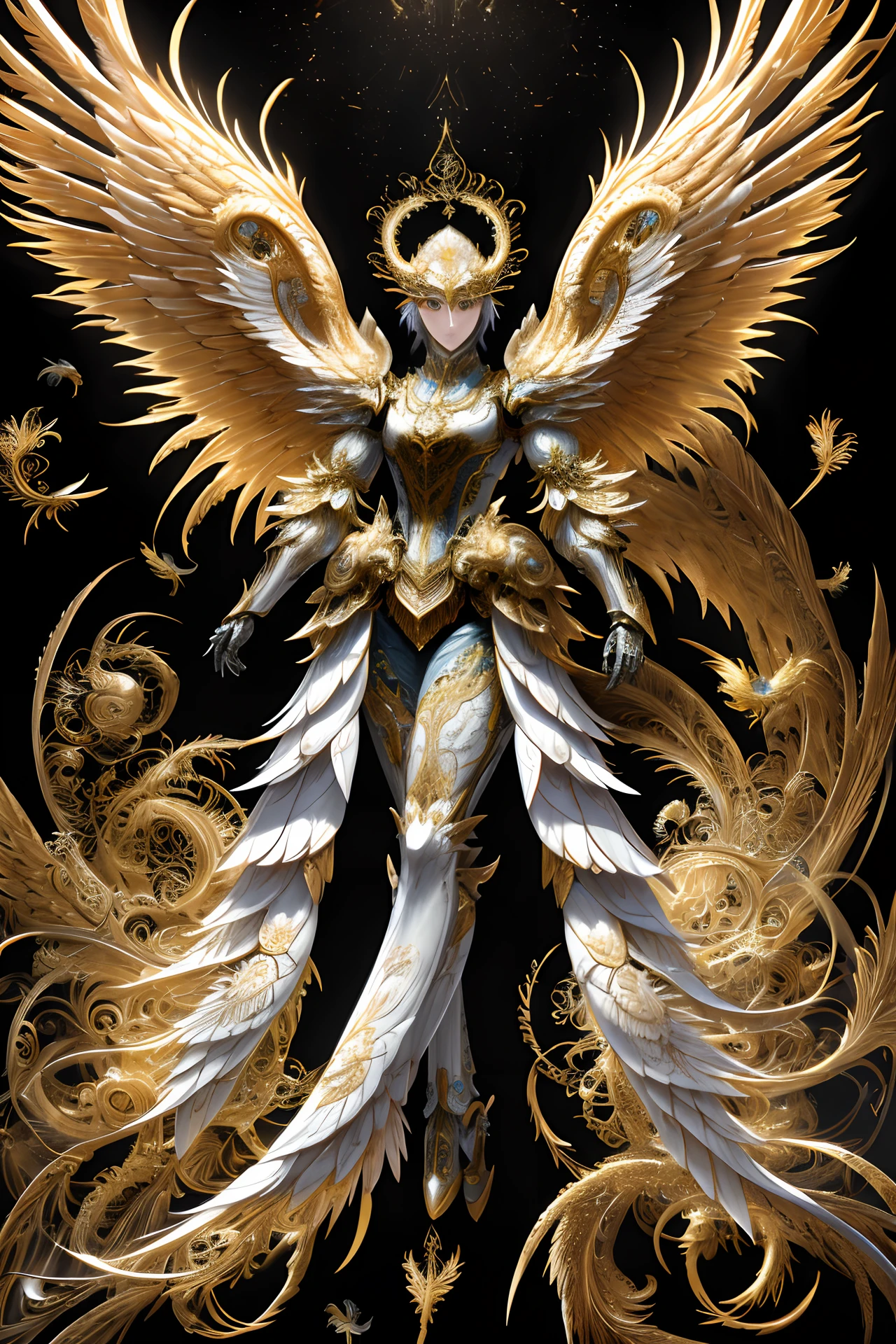 mechanical phoenix android, dragon, angelic wings, Ernst Haeckel, James Jean. generative art, baroque, intricate patterns, fractalism, film frame, photorealistic, vibrant peacock feathers, intricate, elegant, high detail, digital painting, art station, smoothness, hard focus, illustration, overtaking, vaporizer, full length shot