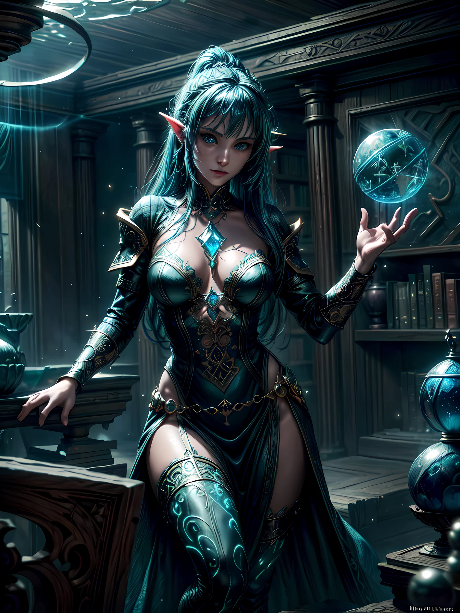 high details, best quality, 8k, [ultra detailed], masterpiece, best quality, (extremely detailed), full body, ultra wide shot, photorealistic, fantasy art, dnd art, rpg art, realistic art, an ultra wide picture of a female human (1.5 intricate details, Masterpiece, best quality) godess of water  ((watery radiant aura)), controlling a swirling streams of watery magic (1.5 intricate details, Masterpiece, best quality), manipulating purple radiant magical symbols, [[divine symbols]] (1.5 intricate details, Masterpiece, best quality), human female, blue  hair, long hair with aura, hair with green radiant eyes, intense eyes, holding a staff, ((radiant eyes)), (( green glowing eyes)), dynamic clothing, magical library, with many books, and magical runes and wards, glowing arcane sigils GlowingRunes_paleblue, crystal ball (best details, Masterpiece, best quality) on table, runes on crystal balls GlowingRunes_yellow, fantasy magical library background (best details, Masterpiece, best quality), Ultra-Wide Angle, high detail, award winning, best quality, HD, 16K, 3D rendering, high details, best quality, highres, ultra wide angle, 3D rendering, [[anatomically correct]]