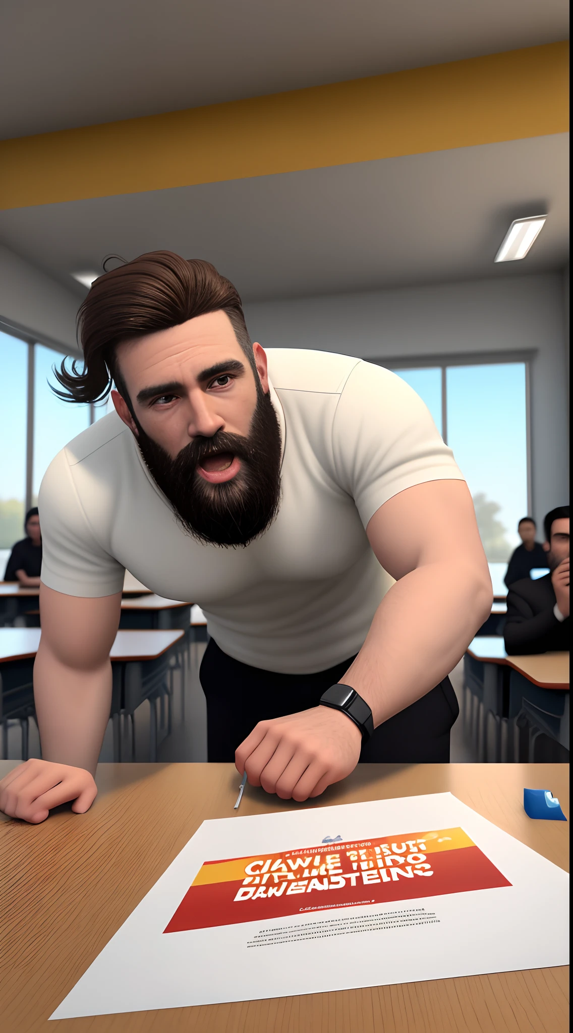 crie um poster 3d capturando uma cena de um professor, bravo, calvo, moreno, barba curta, in a classroom with your students making a mess