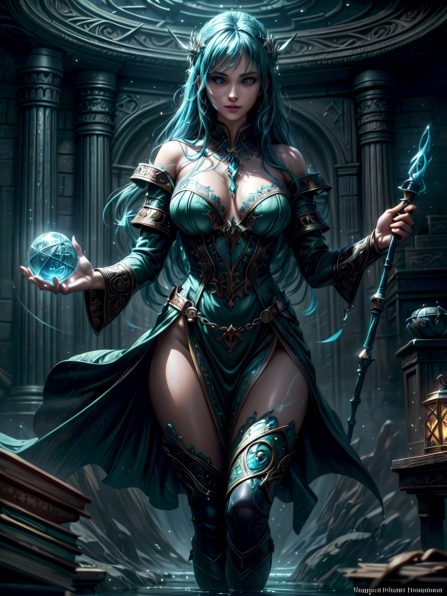 high details, best quality, 8k, [ultra detailed], masterpiece, best quality, (extremely detailed), full body, ultra wide shot, photorealistic, fantasy art, dnd art, rpg art, realistic art, an ultra wide picture of a female human (1.5 intricate details, Masterpiece, best quality) godess of water  ((watery radiant aura)), controlling a swirling streams of watery magic (1.5 intricate details, Masterpiece, best quality), manipulating purple radiant magical symbols, [[divine symbols]] (1.5 intricate details, Masterpiece, best quality), human female, blue  hair, long hair with aura, hair with green radiant eyes, intense eyes, holding a staff, ((radiant eyes)), (( green glowing eyes)), dynamic clothing, magical library, with many books, and magical runes and wards, glowing arcane sigils GlowingRunes_paleblue, crystal ball (best details, Masterpiece, best quality) on table, runes on crystal balls GlowingRunes_yellow, fantasy magical library background (best details, Masterpiece, best quality), Ultra-Wide Angle, high detail, award winning, best quality, HD, 16K, 3D rendering, high details, best quality, highres, ultra wide angle, 3D rendering, [[anatomically correct]]