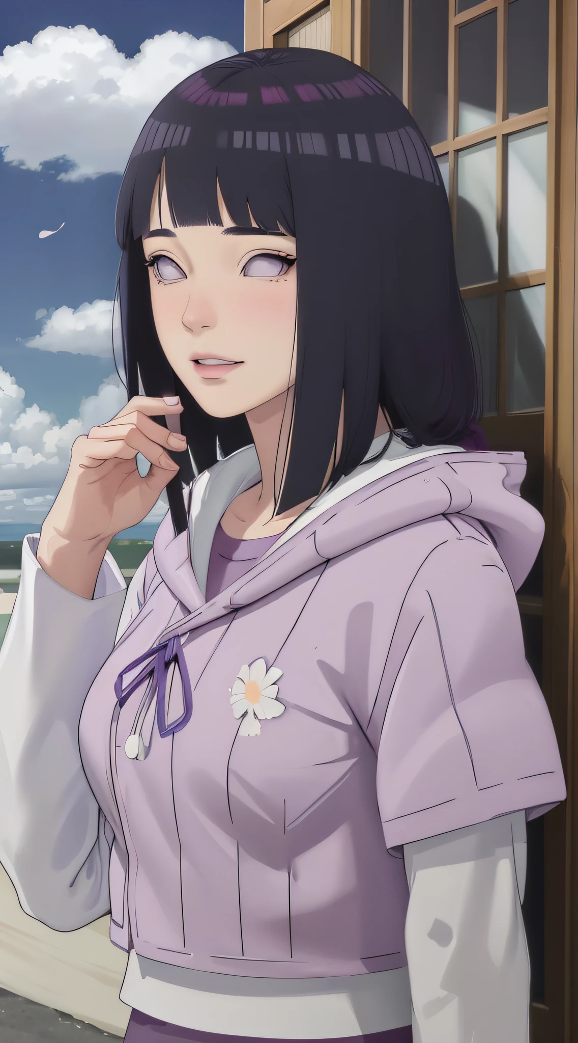 masterpiece, absurdres, hinata\(boruto\), 1girl, solo,mature female, purple hoodie,layered sleeves, brown pants, outdoors,lavender flower field, looking at viewer, (falling petals), cloudy sky, perfect composition, detailed lips, big breast, beautiful face, body propotion, blush, (pink lips), long hair, purple eyes, soft gaze, sad smile, super realistic, detailed, photoshoot, realistic face and body, realistic hair, realistic eyes, realistic nose, realistic lips