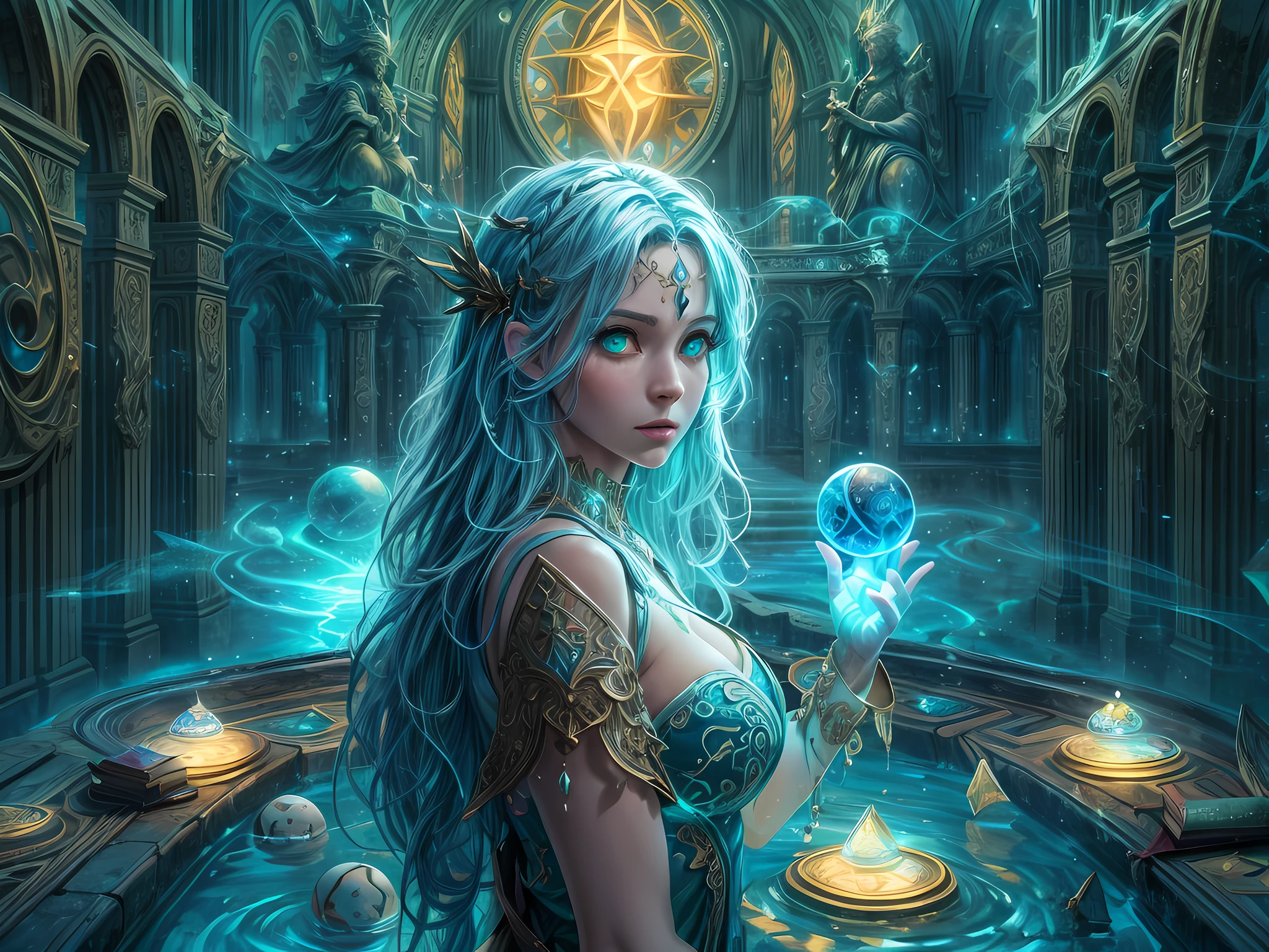 high details, best quality, 8k, [ultra detailed], masterpiece, best quality, (extremely detailed), full body, ultra wide shot, photorealistic, fantasy art, dnd art, rpg art, realistic art, an ultra wide picture of a female human (1.5 intricate details, Masterpiece, best quality) godess of water  ((watery radiant aura)), controlling a swirling streams of watery magic (1.5 intricate details, Masterpiece, best quality), manipulating purple radiant magical symbols, [[divine symbols]] (1.5 intricate details, Masterpiece, best quality), human female, blue  hair, long hair with aura, hair with green radiant eyes, intense eyes, holding a staff, ((radiant eyes)), (( green glowing eyes)), dynamic clothing, magical library, with many books, and magical runes and wards, glowing arcane sigils GlowingRunes_paleblue, crystal ball (best details, Masterpiece, best quality) on table, runes on crystal balls GlowingRunes_yellow, fantasy magical library background (best details, Masterpiece, best quality), Ultra-Wide Angle, high detail, award winning, best quality, HD, 16K, 3D rendering, high details, best quality, highres, ultra wide angle, 3D rendering, [[anatomically correct]]