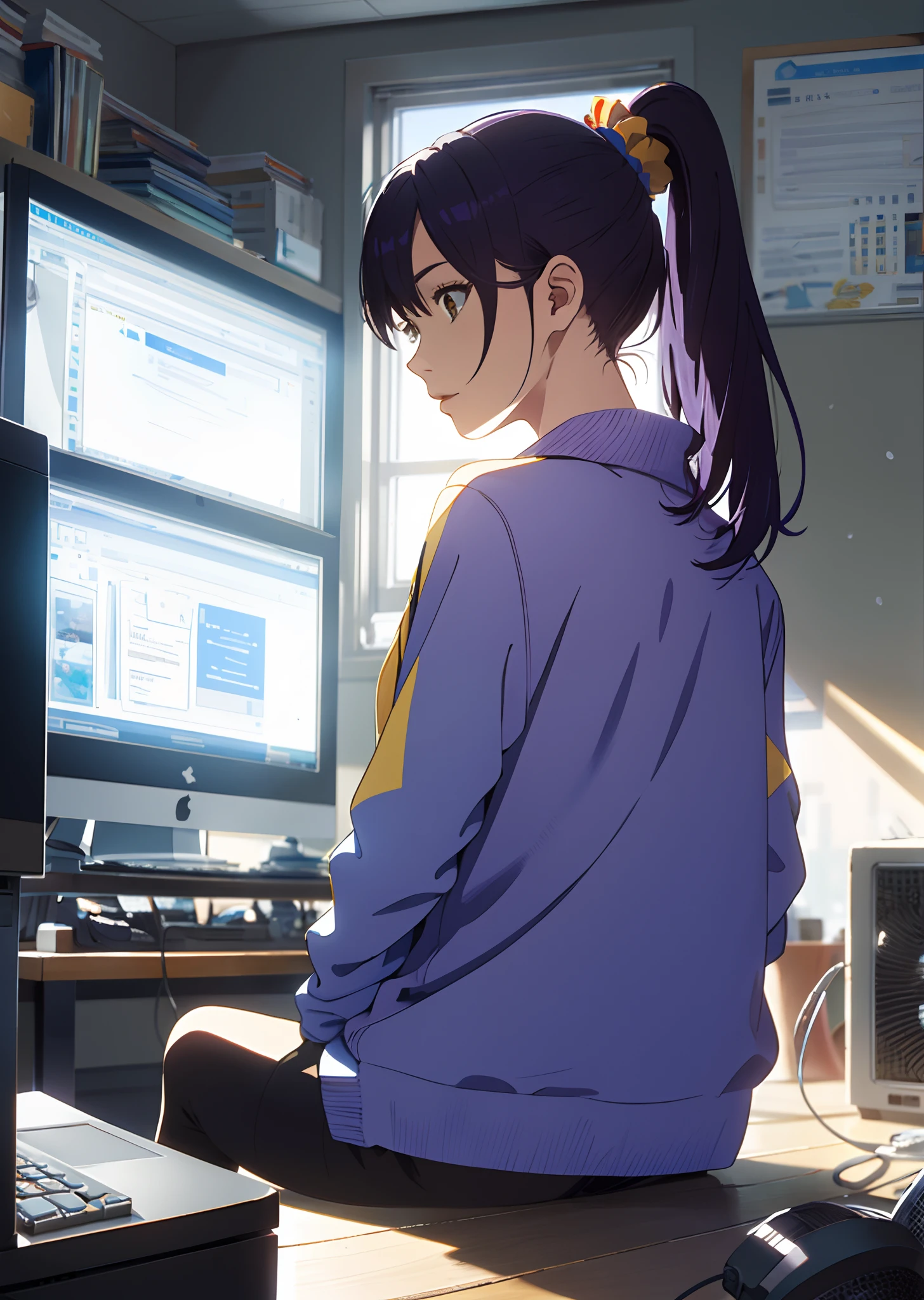 Purple hair ponytail scrunchie yellow、Light blue cardigan over uniform、High school girl、
There is no light in my eyes、Sitting in front of the computer in your room with earphones
