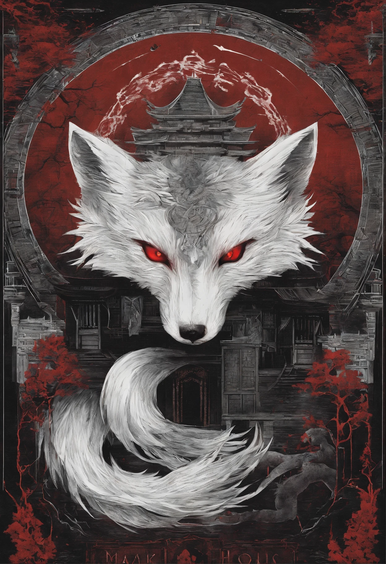 Chinese movie poster,red tint,A huge moon illuminates the entire village,The village is full of snowflakes,The 9-tailed white fox demon spits out a night pearl,Towards the moon,In the lower right corner, There is a house,There are a few faces peeking at the house,kitsune three - tailed fox, three - tailed fox, White-haired fox, ethereal fox, white fox anime, Nine tails, fantasy fox love, Kitsune, White fox