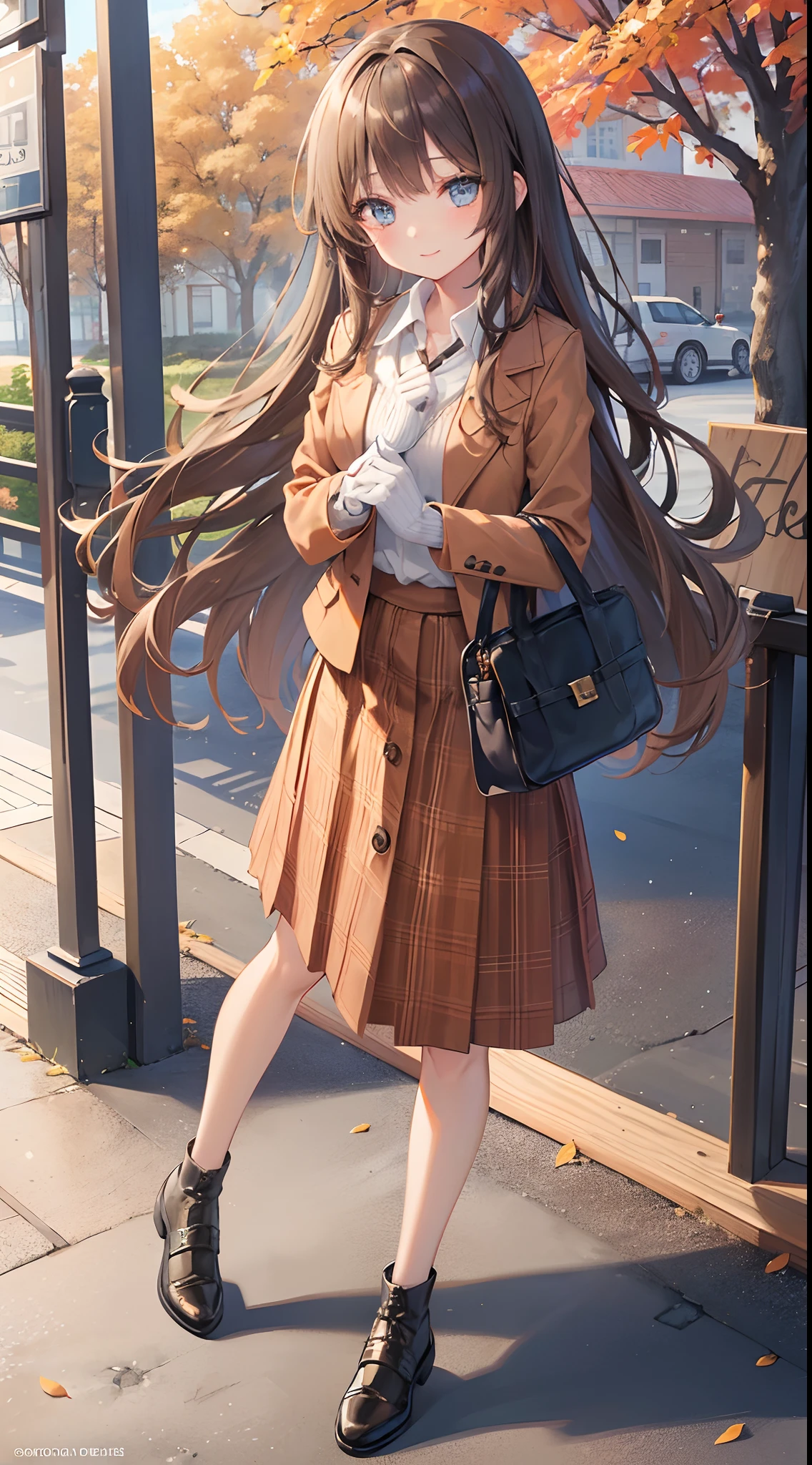 (top-quality), (masterpiece)、(ultla detailed)、(Beautiful girl alone)、(cute little)、20yr old、(orange theme)、Brown Blazer、open clothes、Navy blue V-neck shirt、long-sleeve、Green plaid prairie skirt、long skirt、Warm gloves、(park background)、(autumnal:1.3)、Standing、lightbrown hair、(Half Up Hair:1.3)、(blue eyess)、A detailed eye、A detailed face、A smile、huge tit、Long wavy hair、(FULL BODYSHOT)、(Hair curtains)、Looking Up、Fashionable shoes、Have a bag、Daytime、